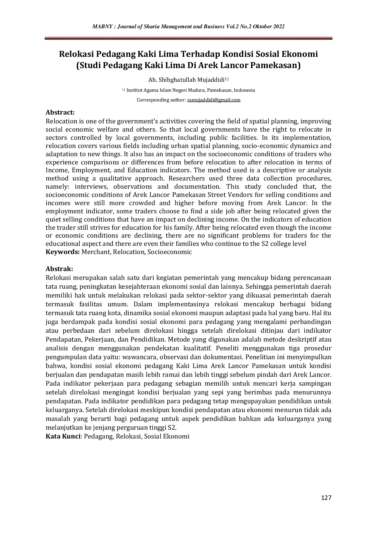 JURIS Relokasi Pedagang Kaki Lima Terhadap Kondisi Sosial Ekonomi Studi Pedagang Kaki Lima di Arek Lancor Pamekasan