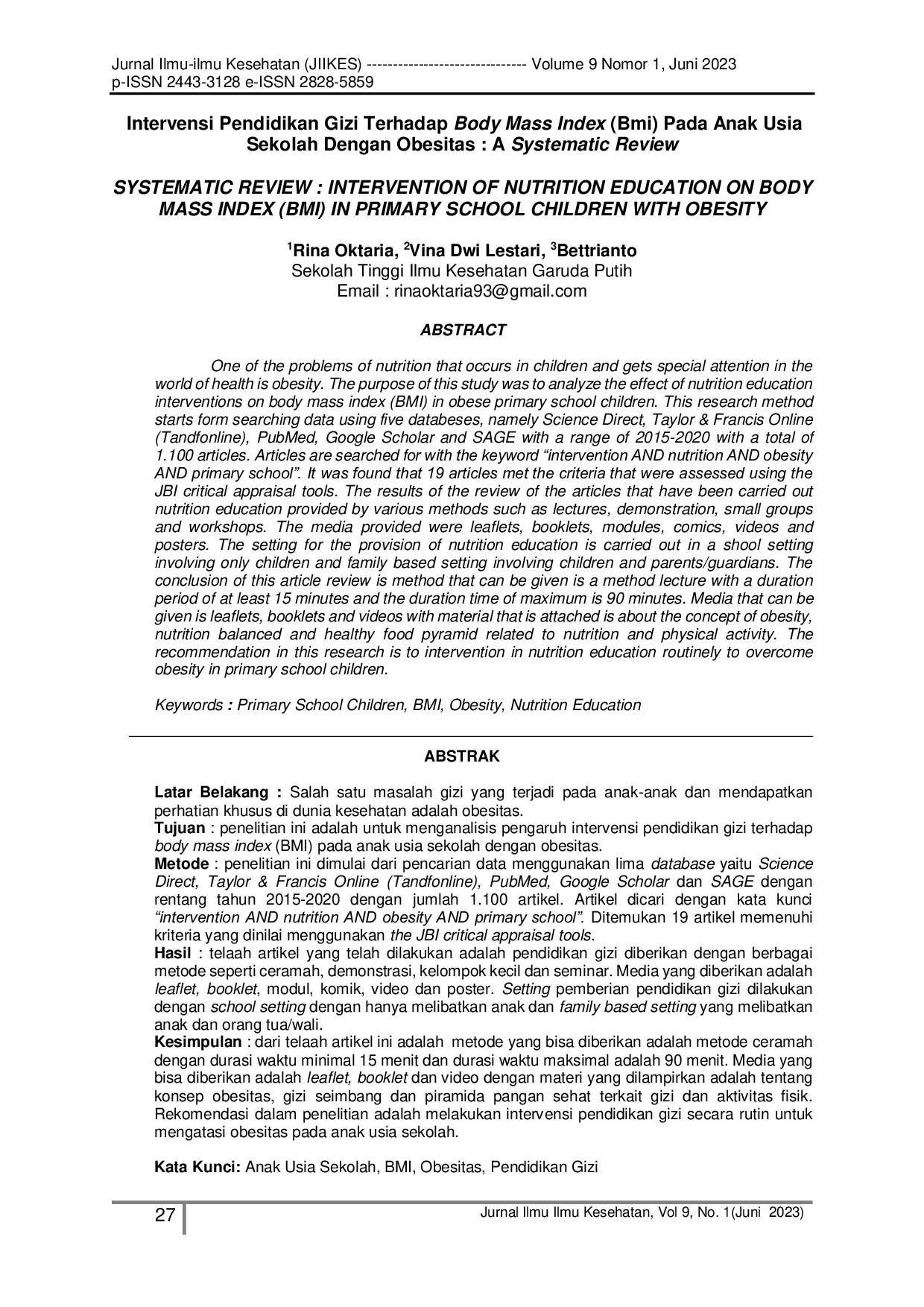 JURIS Intervensi Pendidikan Gizi Terhadap Body Mass Index Bmi Pada Anak Usia Sekolah Dengan Obesitas A Systematic Review