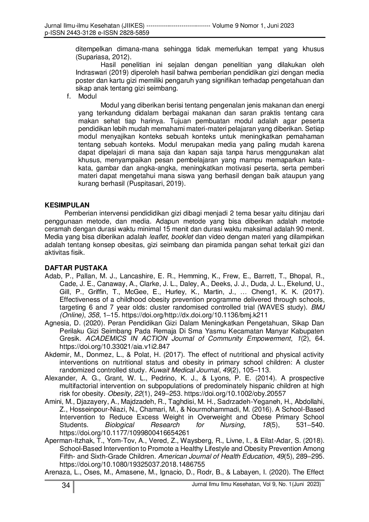 JURIS Intervensi Pendidikan Gizi Terhadap Body Mass Index Bmi Pada Anak Usia Sekolah Dengan Obesitas A Systematic Review