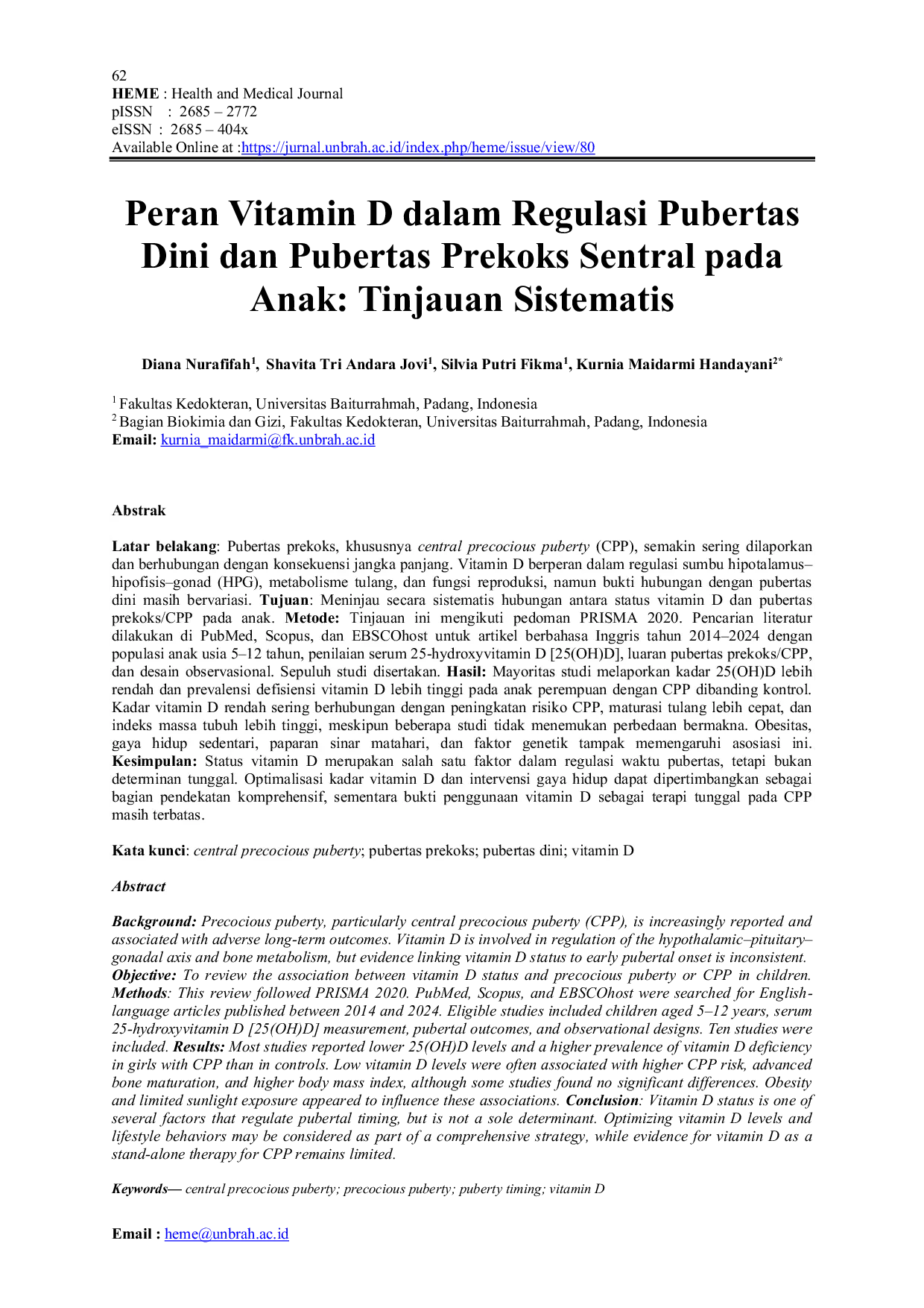 JURIS Peran Vitamin D dalam Regulasi Pubertas Dini dan Pubertas Prekoks Sentral pada Anak Tinjauan Sistematis