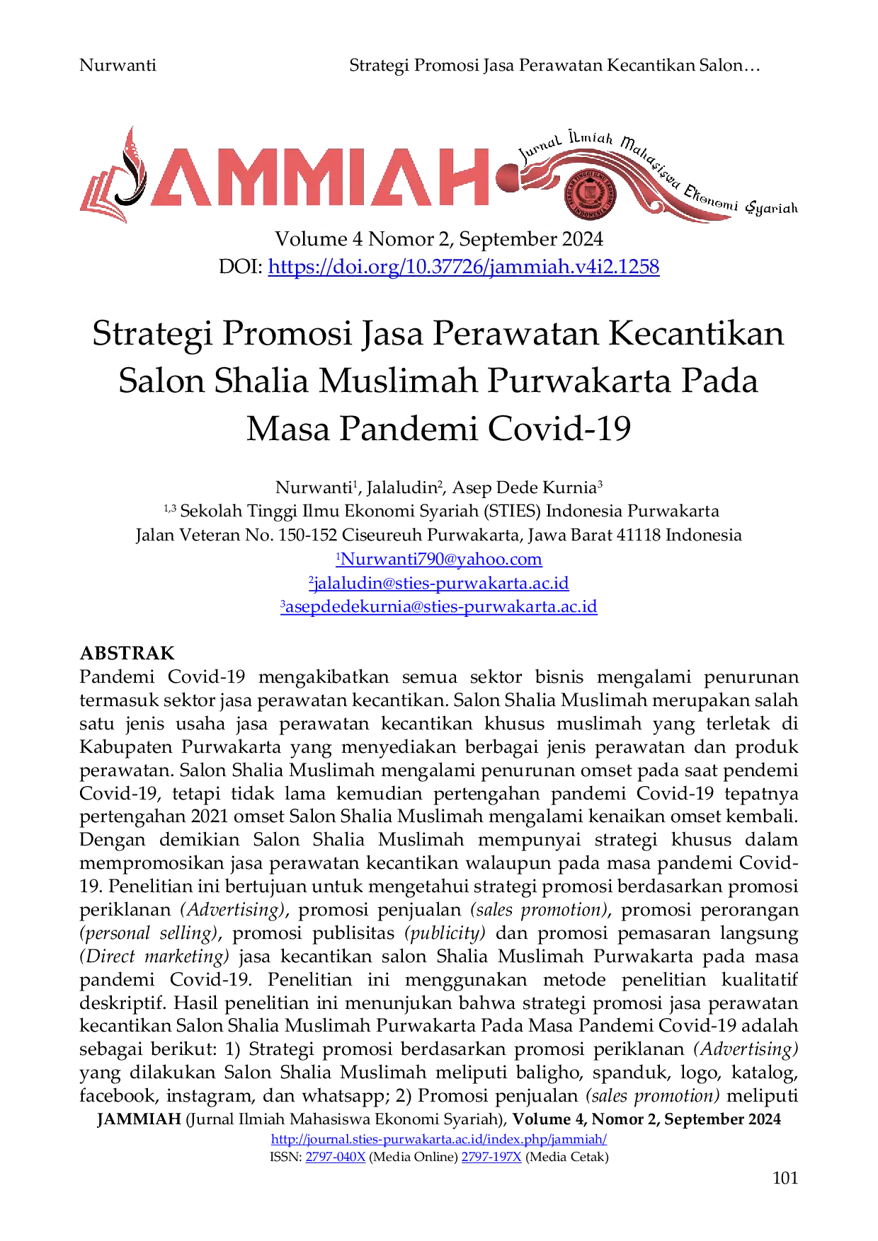 JURIS Strategi Promosi Jasa Perawatan Kecantikan Salon Shalia Muslimah Purwakarta Pada Masa Pandemi Covid 19