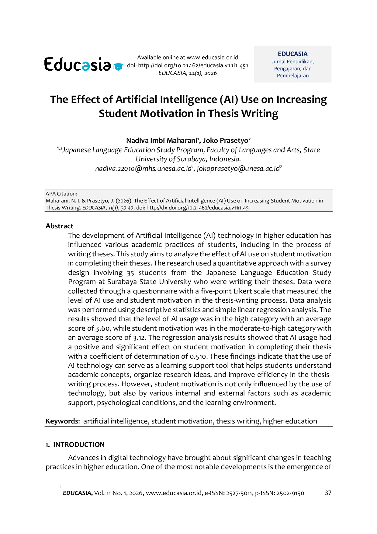 JURIS The Effect of Artificial Intelligence AI Use on Increasing Student Motivation in Thesis Writing