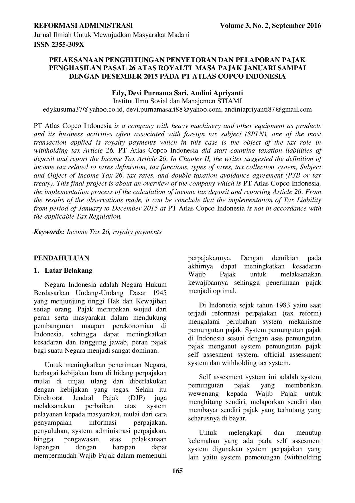 JURIS Pelaksanaan Penghitungan Penyetoran Dan Pelaporan Pajak Penghasilan Pasal 26 Atas Royalti Masa Pajak Januari Sampai Dengan Desember 2015 Pada Pt Atlas Copco Indonesia