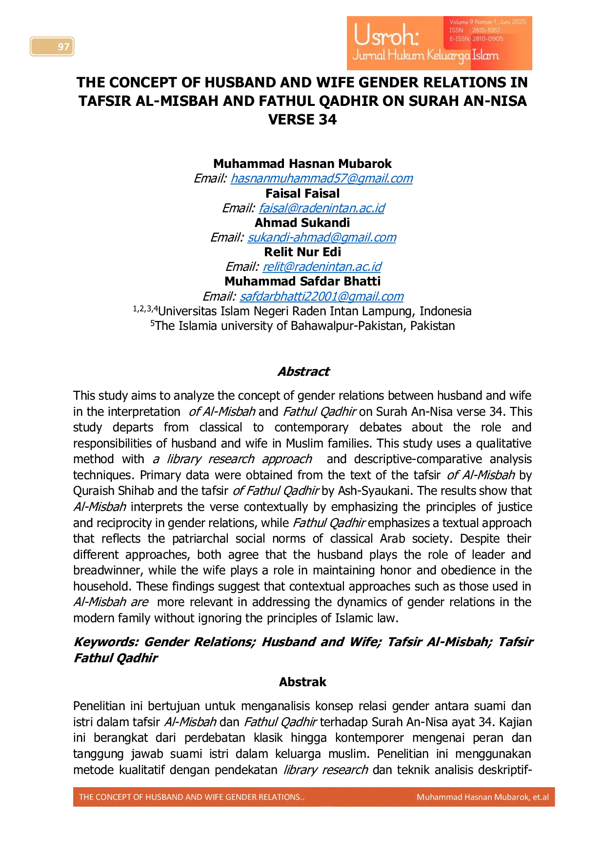 JURIS The Concept Of Husband And Wife Gender Relations In Tafsir Al Misbah And Fathul Qadhir On Surah An Nisa Verse 34