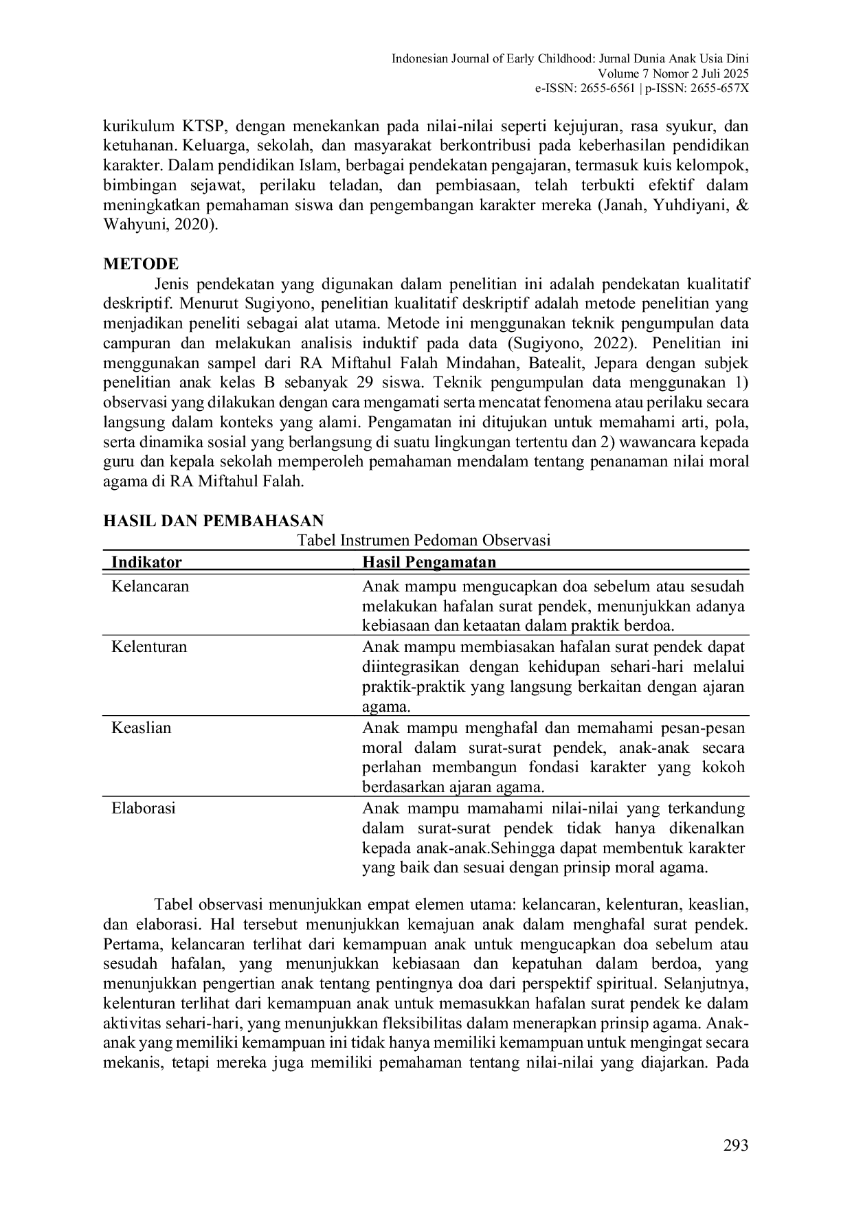 JURIS Analisis Penanaman Nilai Moral Agama di RA Miftahul Falah melalui Hafalan Surat Pendek Analysis of the Instillation of Religious Moral Values at RA Miftahul Falah through Memorizing Short Letters