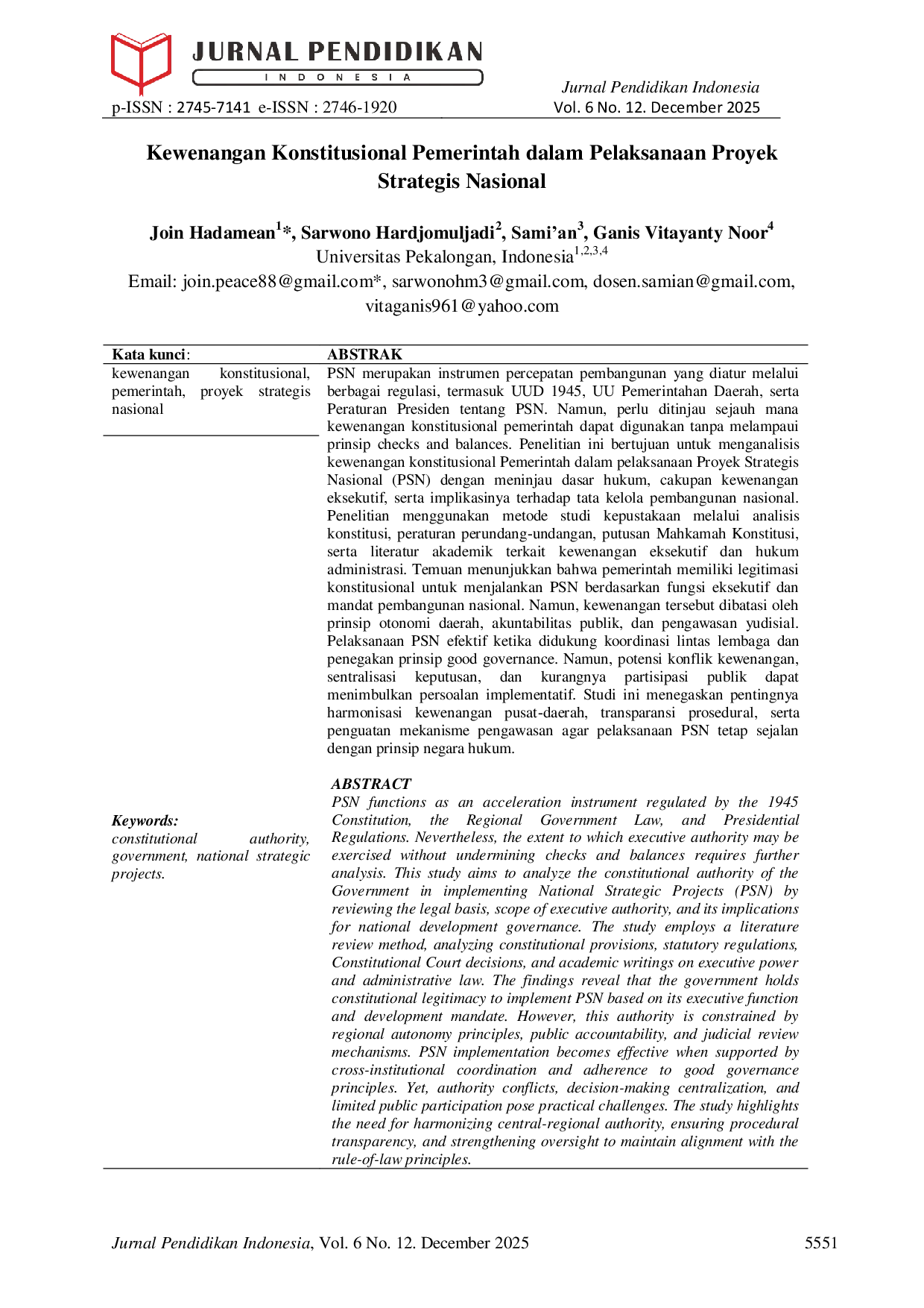 JURIS Kewenangan Konstitusional Pemerintah dalam Pelaksanaan Proyek Strategis Nasional