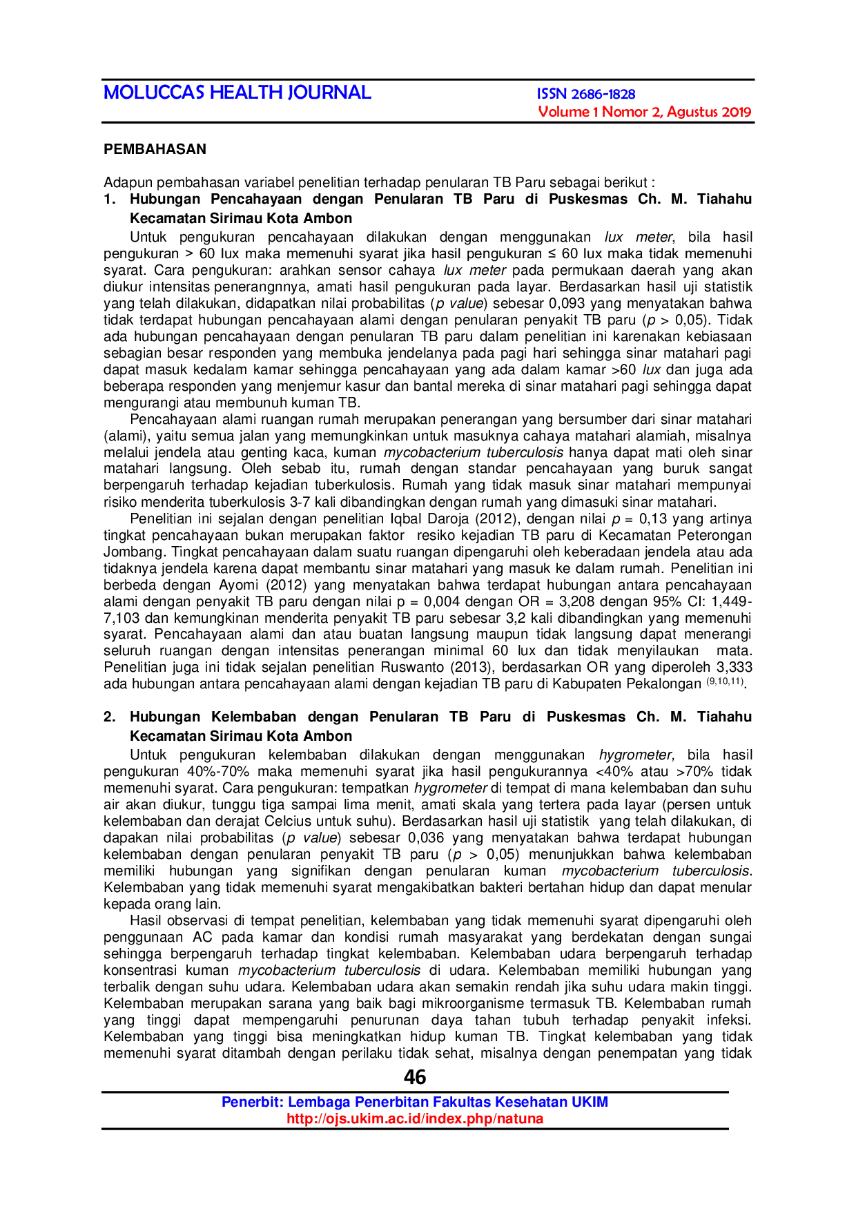 JURIS Hubungan Kondisi Rumah dengan Penularan TB Paru di Puskesmas Ch M Tiahahu Kecamatan Sirimau Kota Ambon