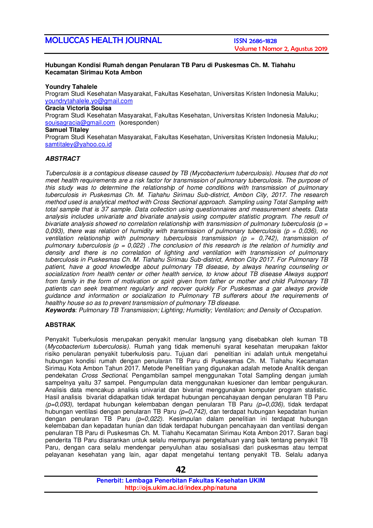JURIS Hubungan Kondisi Rumah dengan Penularan TB Paru di Puskesmas Ch M Tiahahu Kecamatan Sirimau Kota Ambon