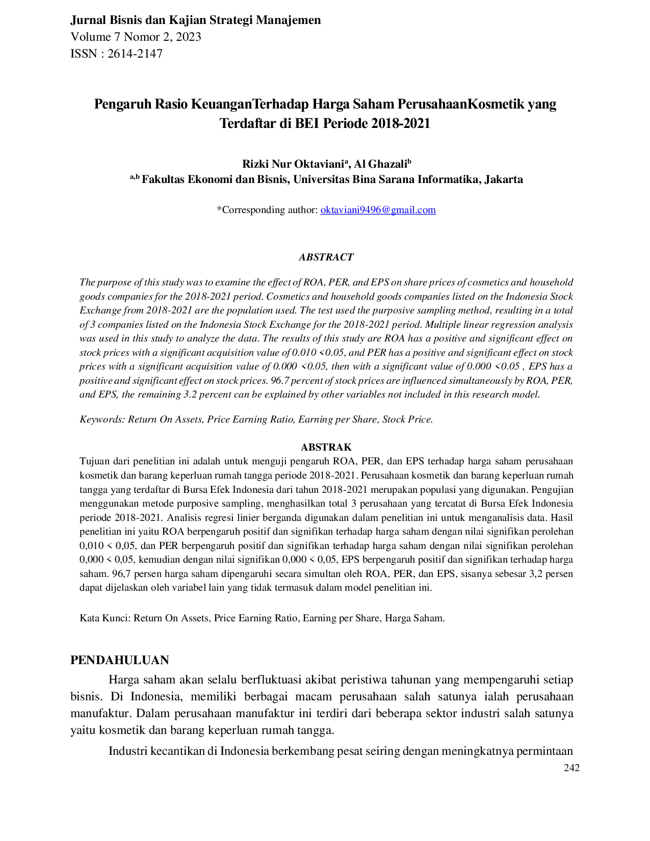 JURIS Pengaruh Rasio KeuanganTerhadap Harga Saham Perusahaan Kosmetik yang Terdaftar di BEI Periode 2018 2021
