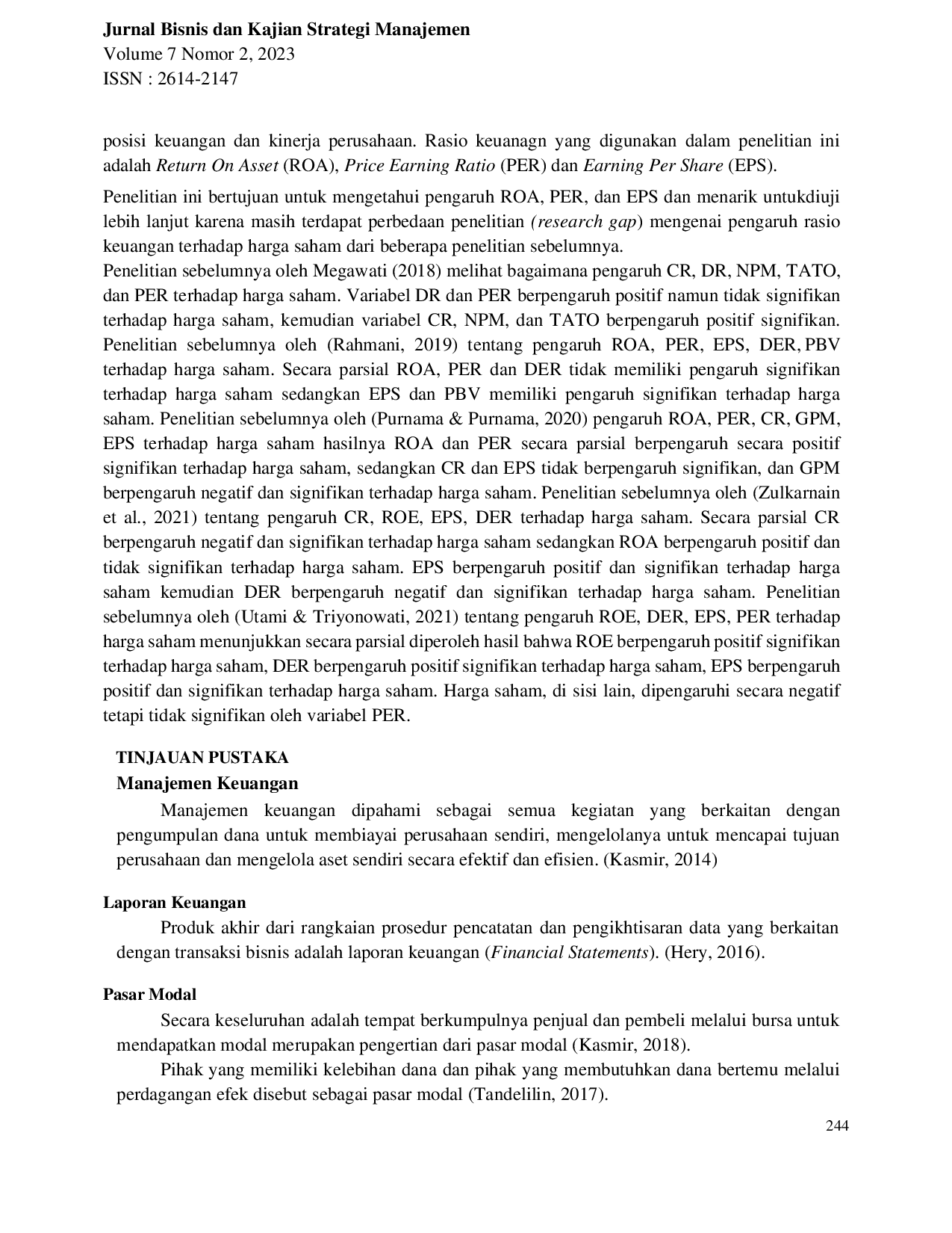 JURIS Pengaruh Rasio KeuanganTerhadap Harga Saham Perusahaan Kosmetik yang Terdaftar di BEI Periode 2018 2021