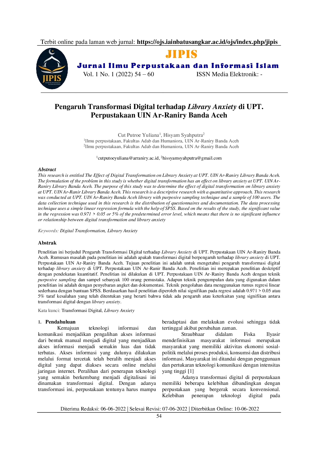 juris Pengaruh Transformasi Digital terhadap Library Anxiety di UPT Perpustakaan UIN Ar Raniry Banda Aceh