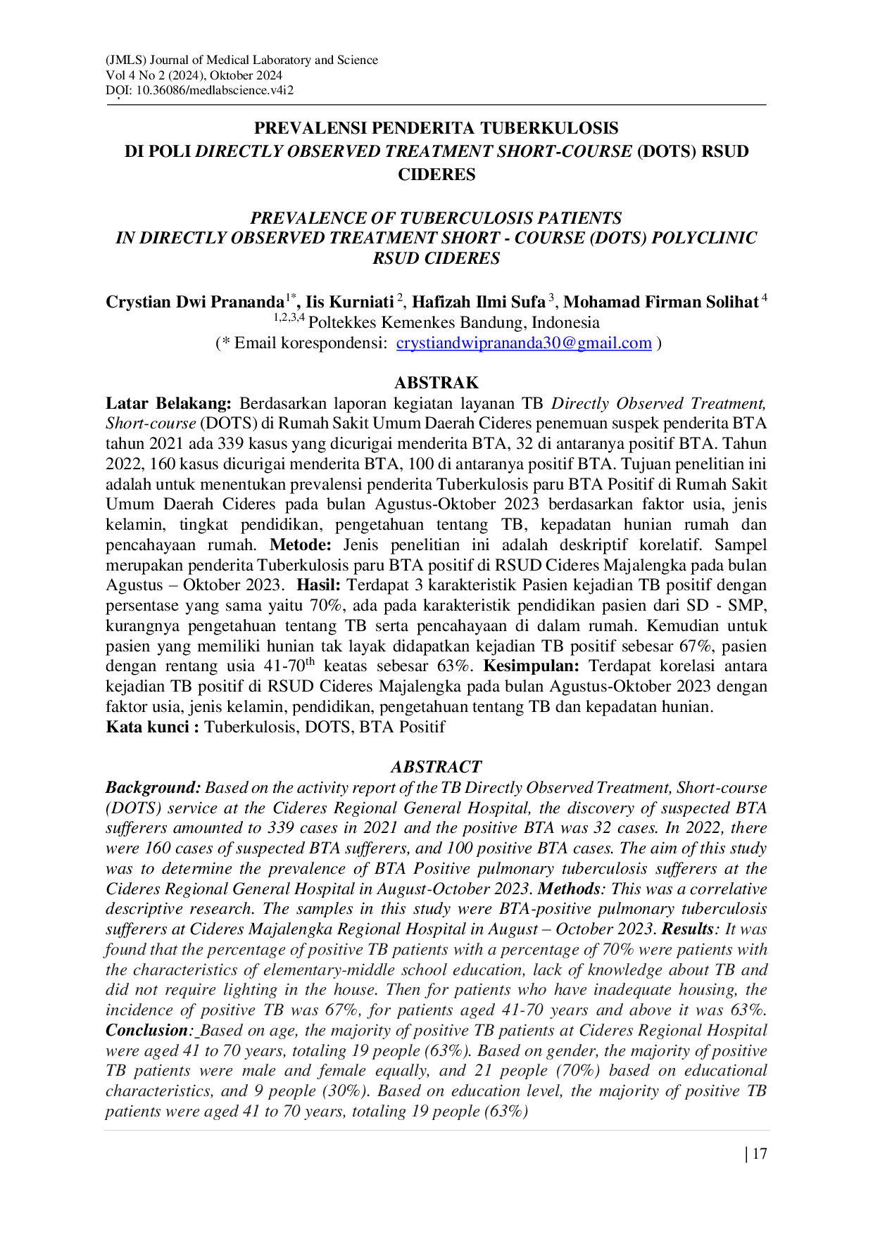 JURIS Prevalensi Penderita Tuberkulosis di Poli Directly Observed Treatment Short Course DOTS RSUD Cideres