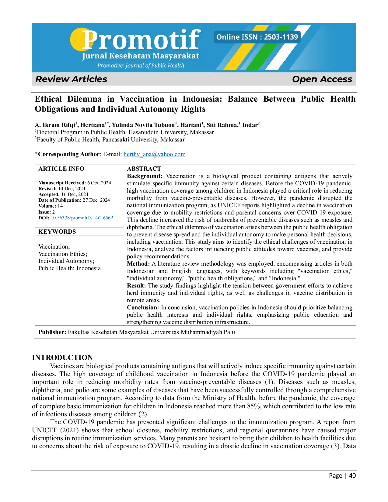 JURIS Ethical Dilemma in Vaccination in Indonesia Balance Between Public Health Obligations and Individual Autonomy Rights