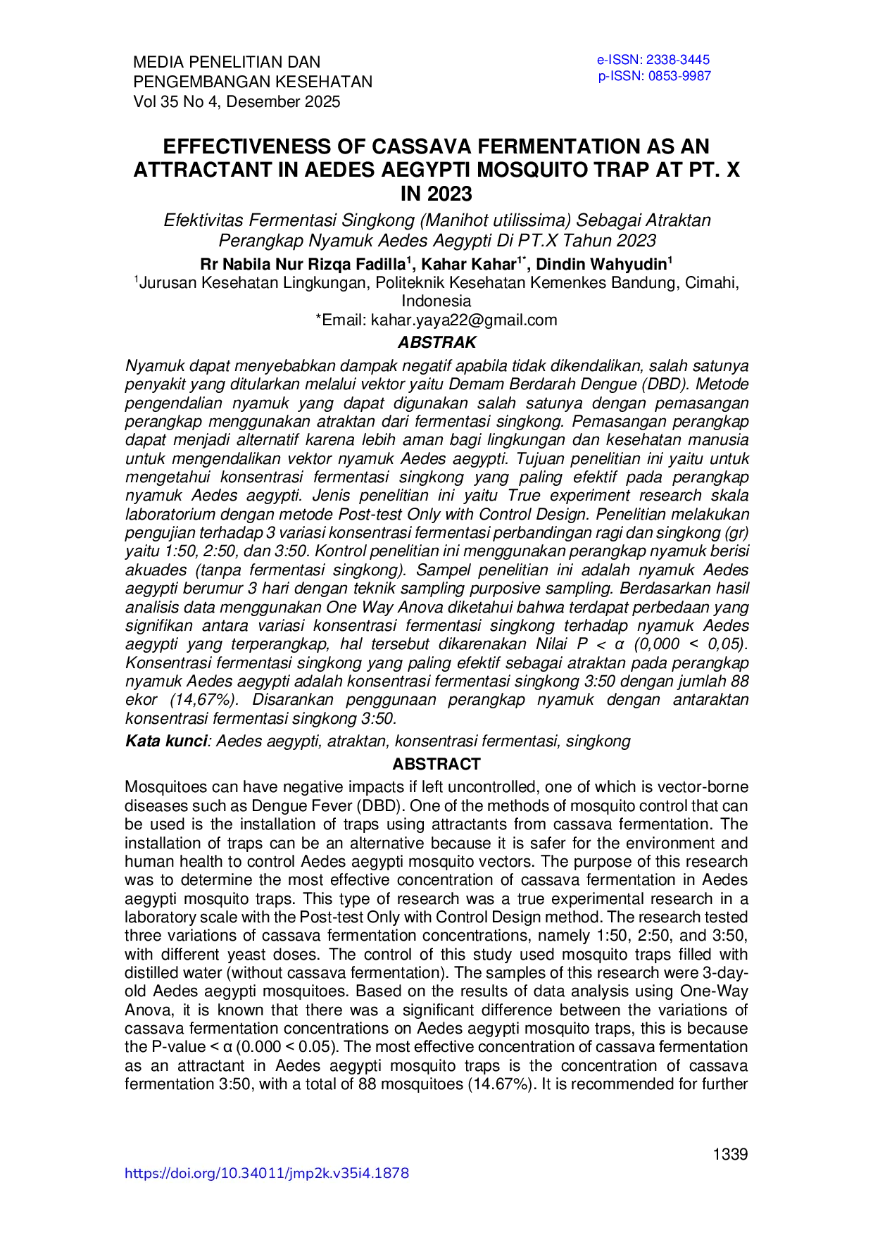 JURIS Efektivitas Fermentasi Singkong Manihot Utilissima Sebagai Atraktan Perangkap Nyamuk Aedes Aegypti Di PT X Tahun 2023