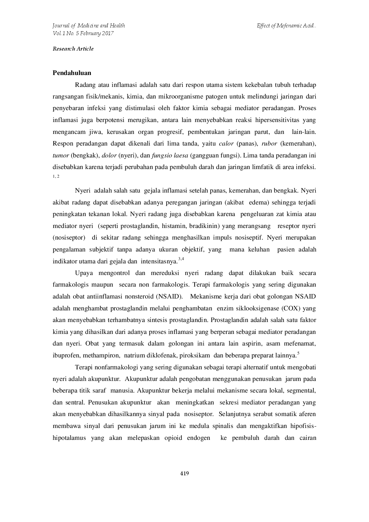 juris Effect of Mefenamic Acid to Acupuncture Therapy on Carrageenan Induced Inflammatory Pain in the Hind Limb of Rat