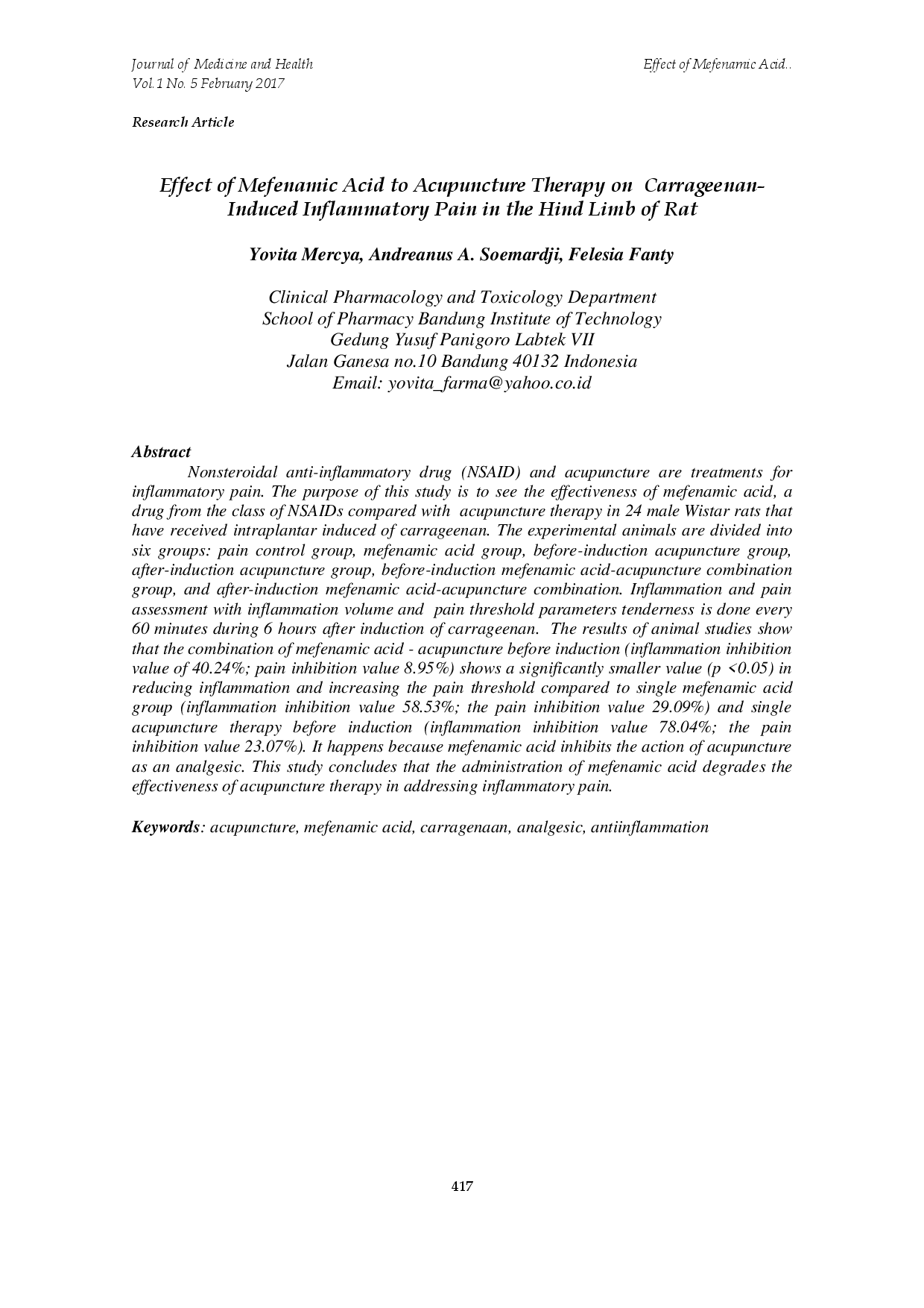 juris Effect of Mefenamic Acid to Acupuncture Therapy on Carrageenan Induced Inflammatory Pain in the Hind Limb of Rat