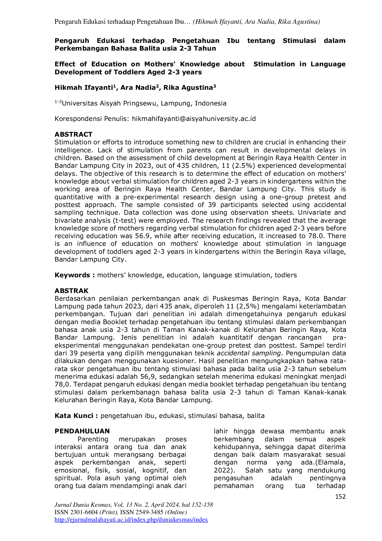 JURIS Pengaruh Edukasi Terhadap Pengetahuan Ibu tentang Stimulasi dalam Perkembangan Bahasa Balita usia 2 3 Tahun