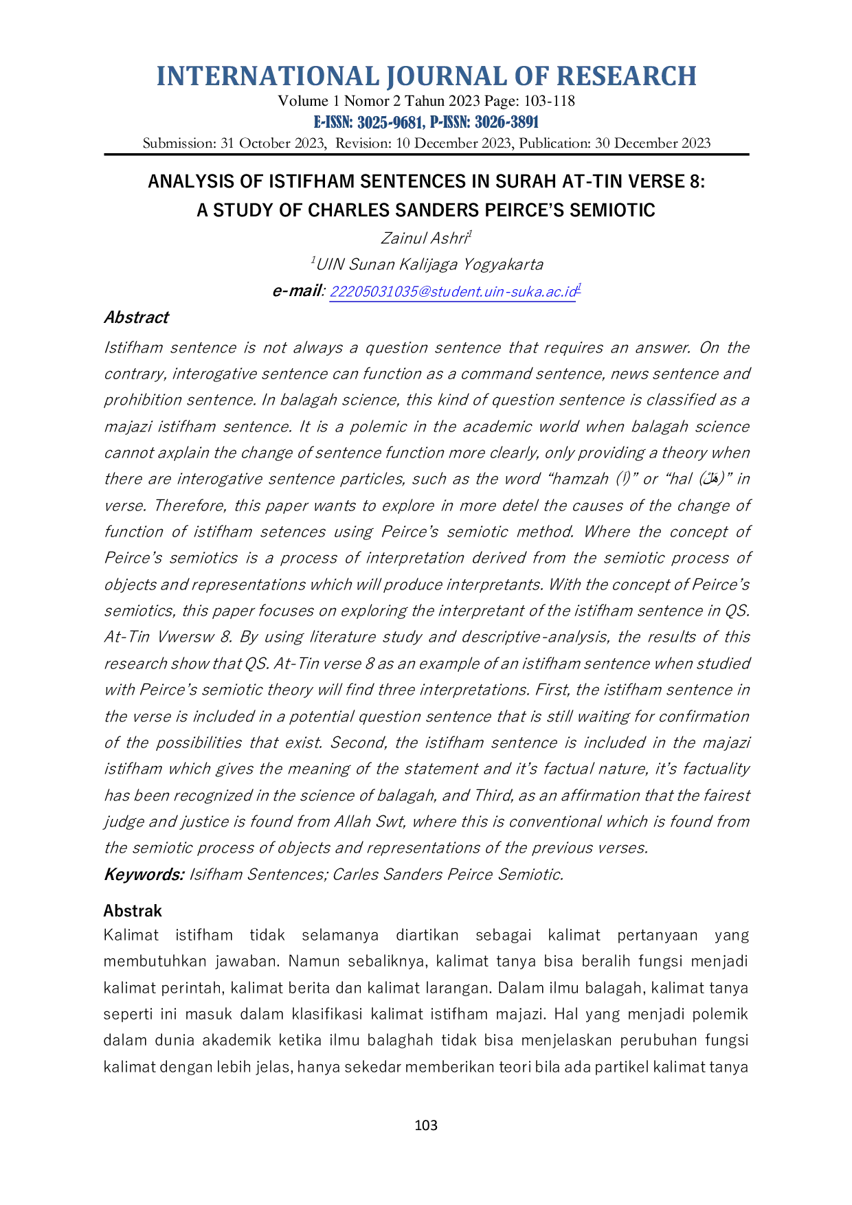 JURIS Analysis Of Istifham Sentences In Surah At Tin Verse 8 A Study Of Charles Sanders Peirce s Semiotic
