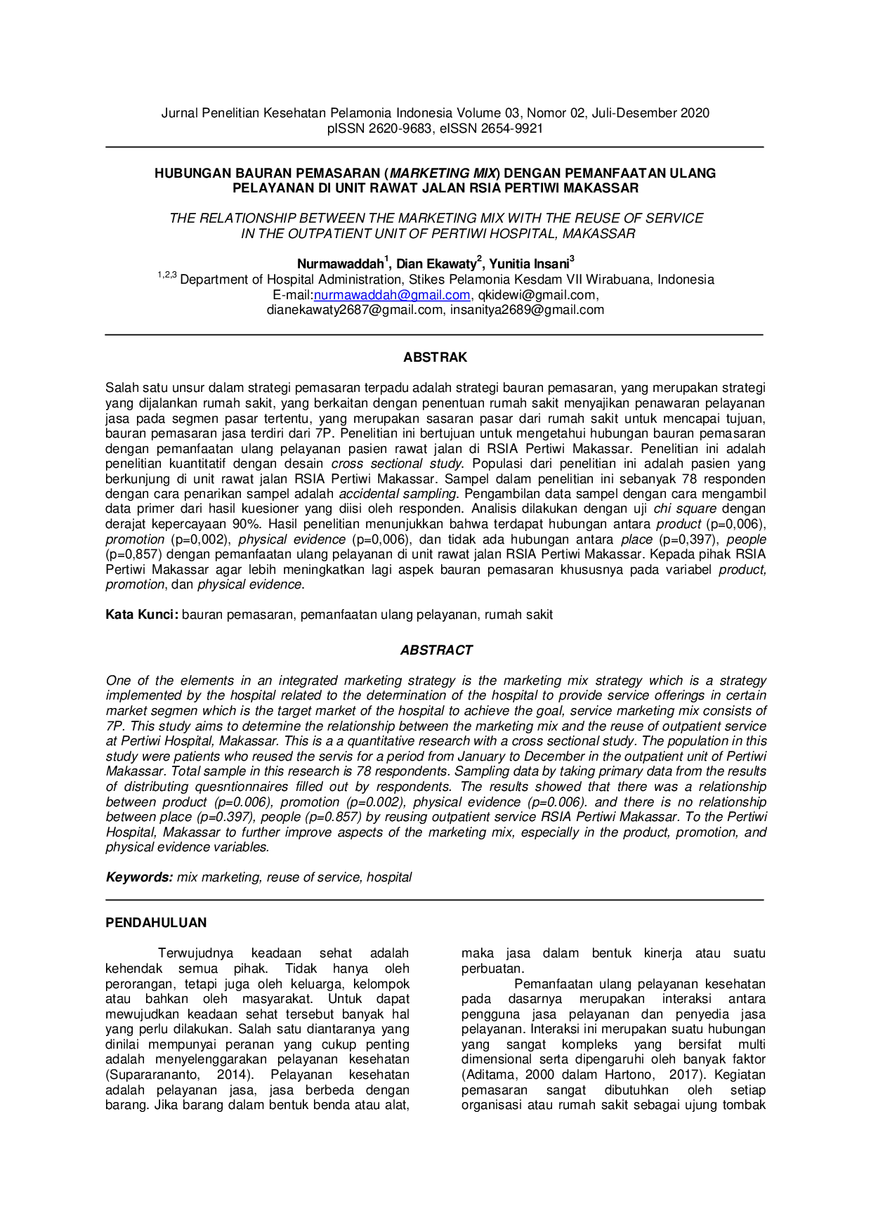 JURIS Hubungan Bauran Pemasaran Marketing Mix Dengan Pemanfaatan Ulang Pelayanan Di Unit Rawat Jalan Rsia Pertiwi Makassar