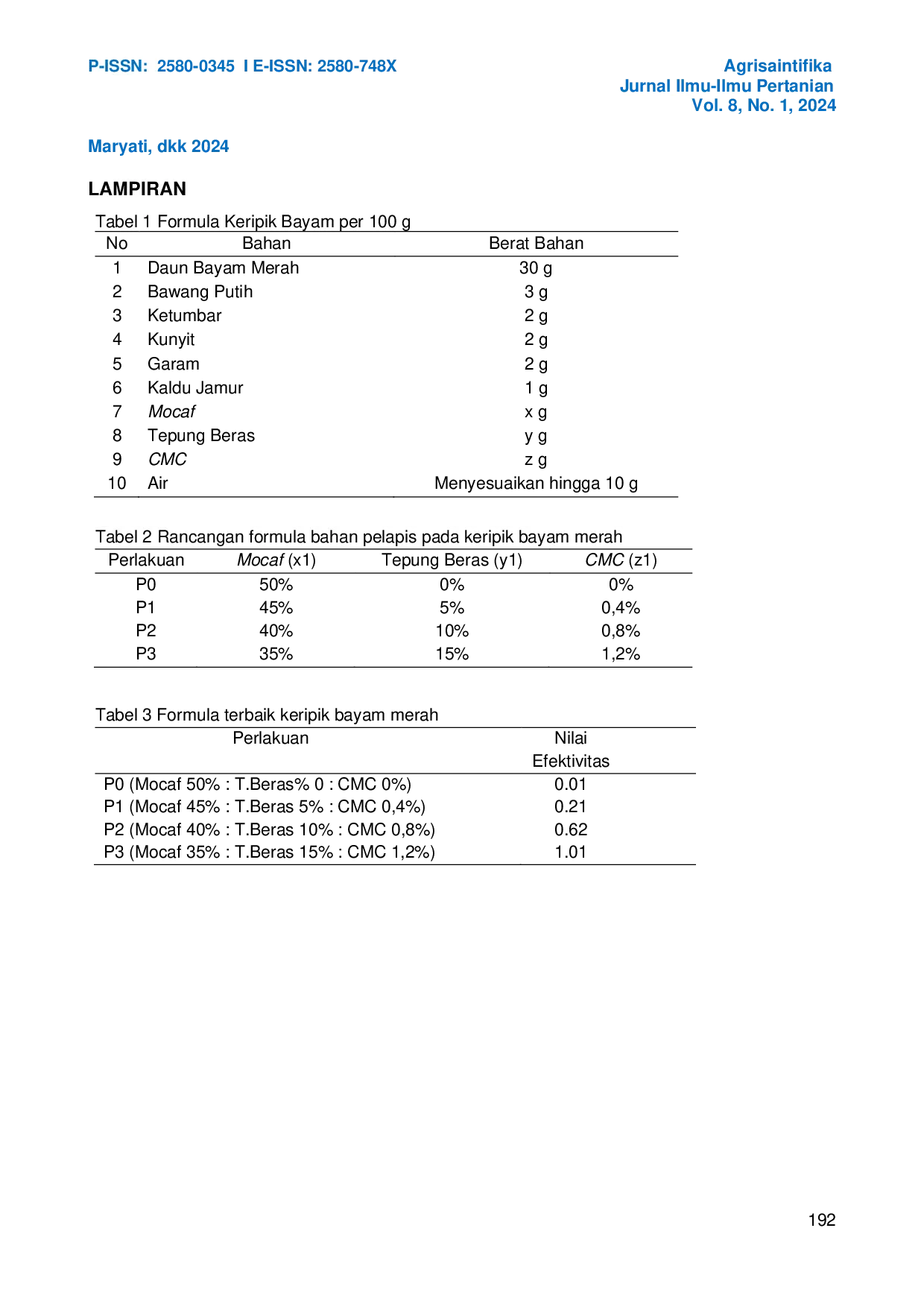 JURIS PENGARUH PENAMBAHAN BAHAN PELAPIS MOCAF TEPUNG BERAS DAN CMC TERHADAP TINGKAT KESUKAAN KERIPIK BAYAM MERAH Amarathus Tricolor L