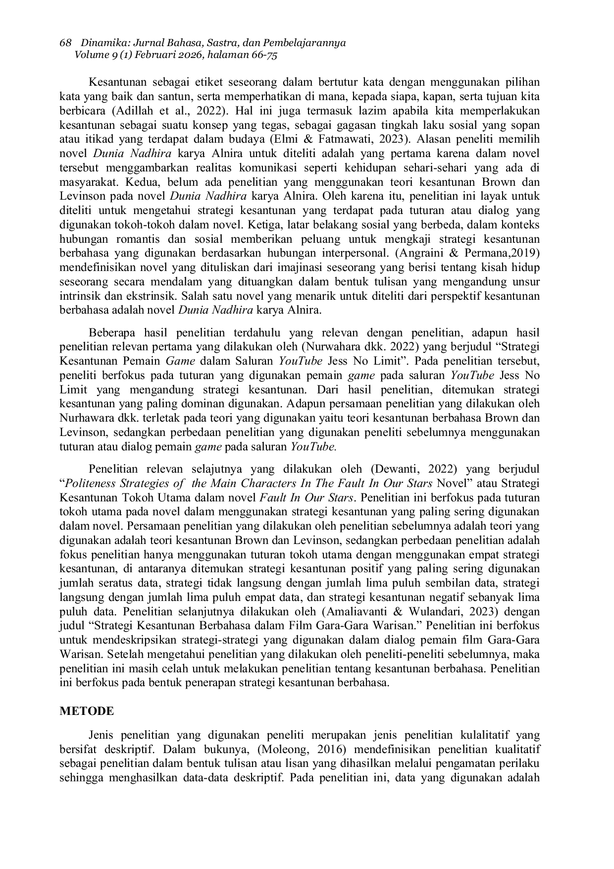 JURIS Kesantunan Berbahasa dalam Novel Dunia Nadhira karya Alnira Kajian Pragmatik Brown dan Levinson