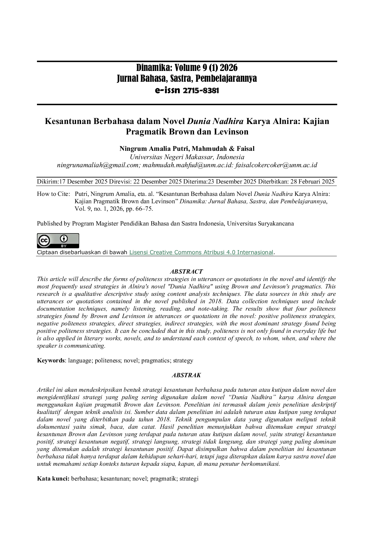 JURIS Kesantunan Berbahasa dalam Novel Dunia Nadhira karya Alnira Kajian Pragmatik Brown dan Levinson