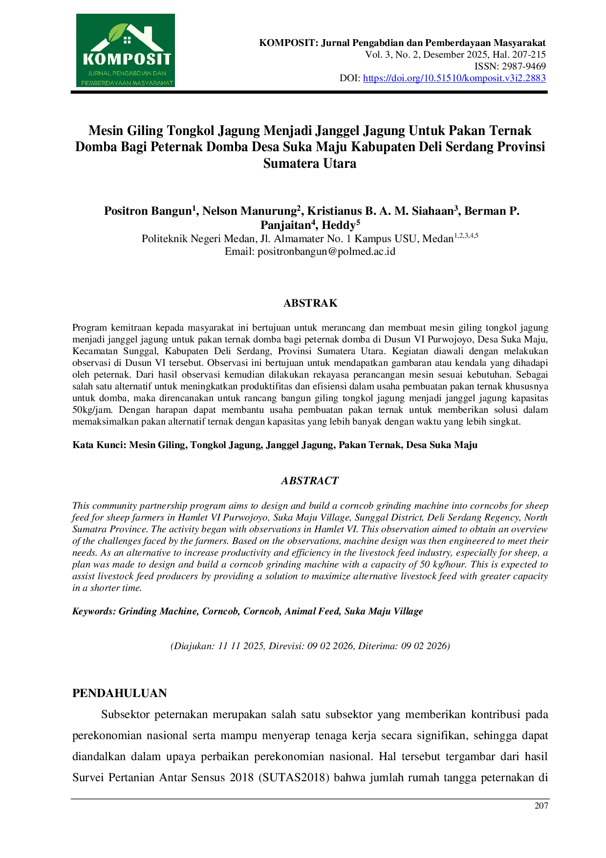 JURIS Mesin Giling Tongkol Jagung Menjadi Janggel Jagung Untuk Pakan Ternak Domba Bagi Peternak Domba Desa Suka Maju Kabupaten Deli Serdang Provinsi Sumatera Utara