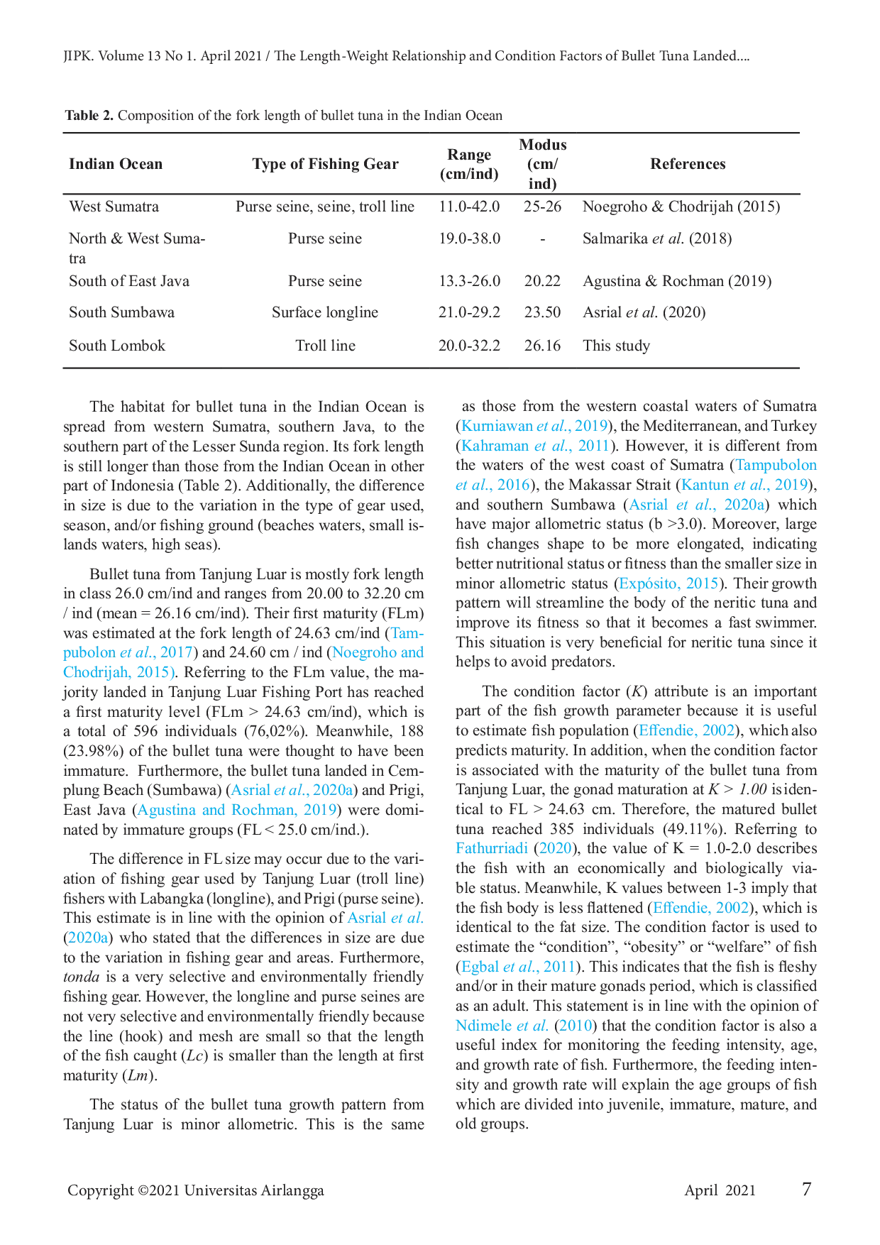 JURIS The Length Weight Relationship and Condition Factors of Bullet Tuna Landed at the Tanjung Luar Fishing Port Indonesia