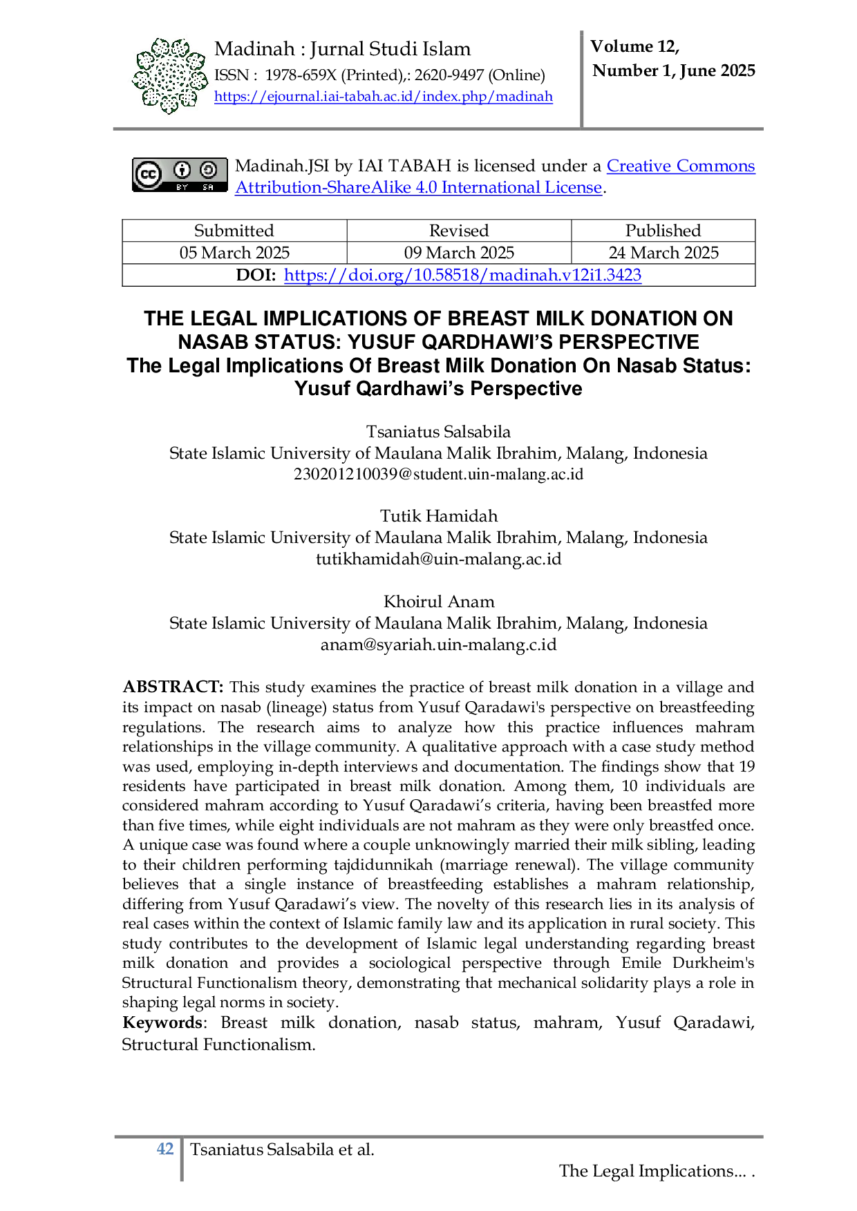 JURIS The Legal Implications of Breast Milk Donation on Nasab Status Yusuf Qardhawi s Perspective