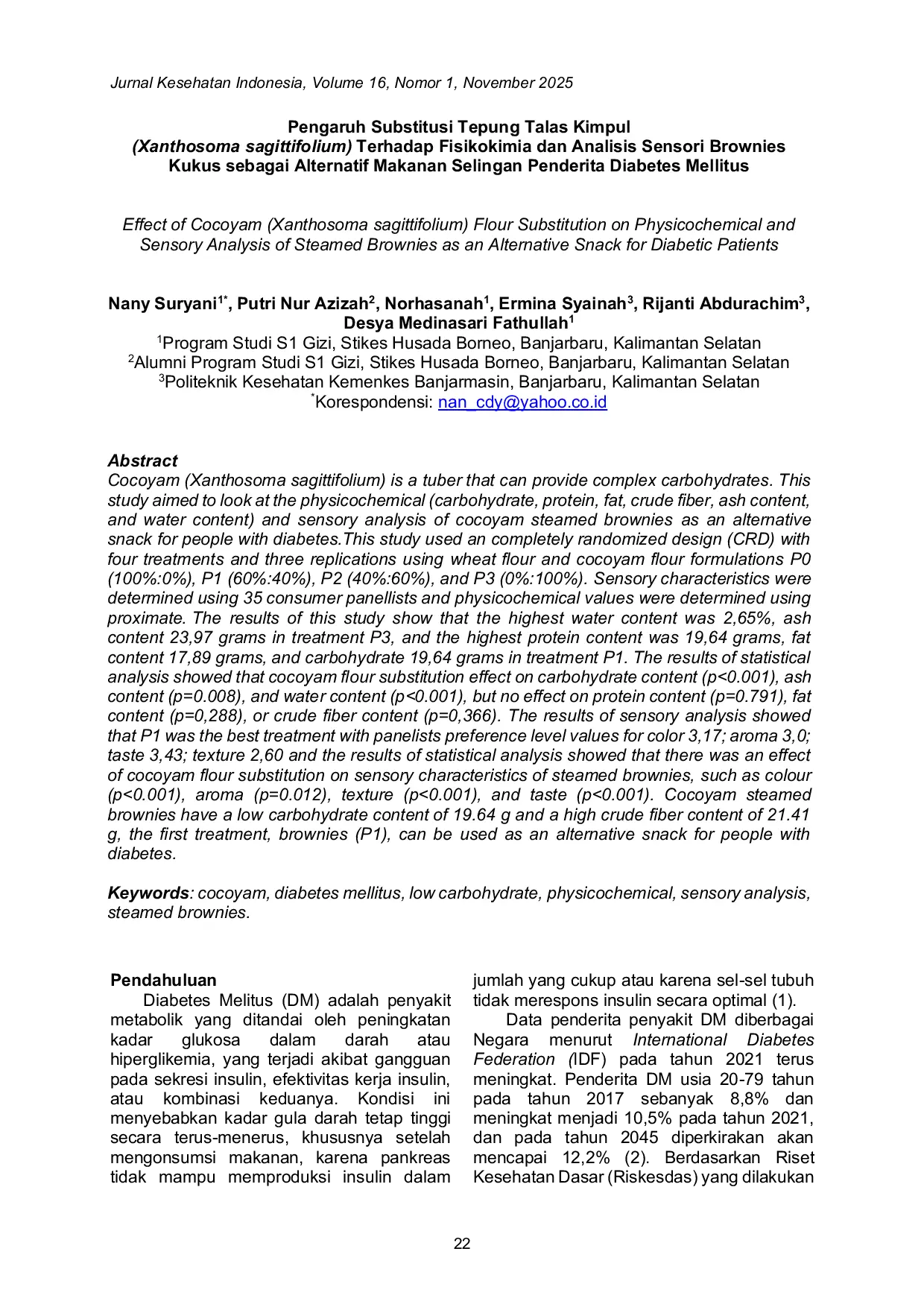 JURIS Pengaruh Substitusi Tepung Talas Kimpul Xanthosoma sagittifolium Terhadap Fisikokimia dan Analisis Sensori Brownies Kukus sebagai Alternatif Makanan Selingan Penderita Diabetes Mellitus