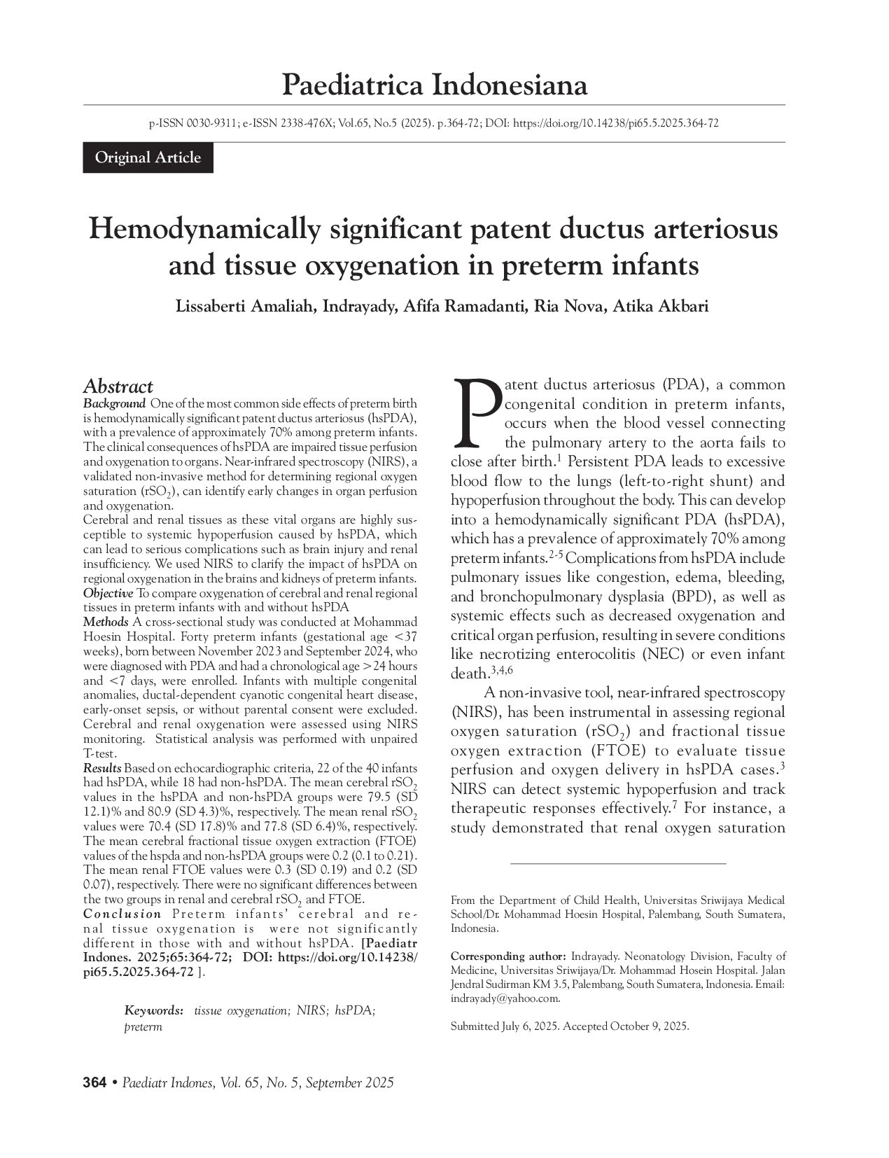 JURIS Hemodynamically significant patent ductus arteriosus and tissue oxygenation in preterm infants