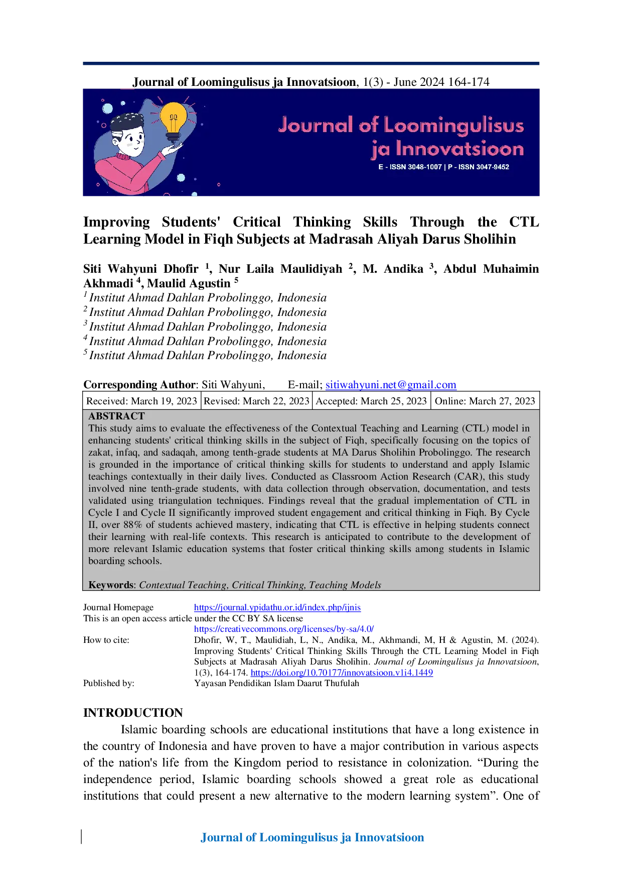 JURIS Improving Students Critical Thinking Skills Through The Ctl Learning Model In Fiqh Subjects At Madrasah Aliyah Darus Sholihin