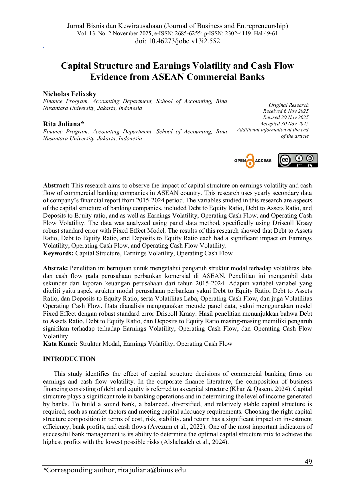 JURIS Capital Structure and Earnings Volatility and Cash Flow Evidence from ASEAN Commercial Banks