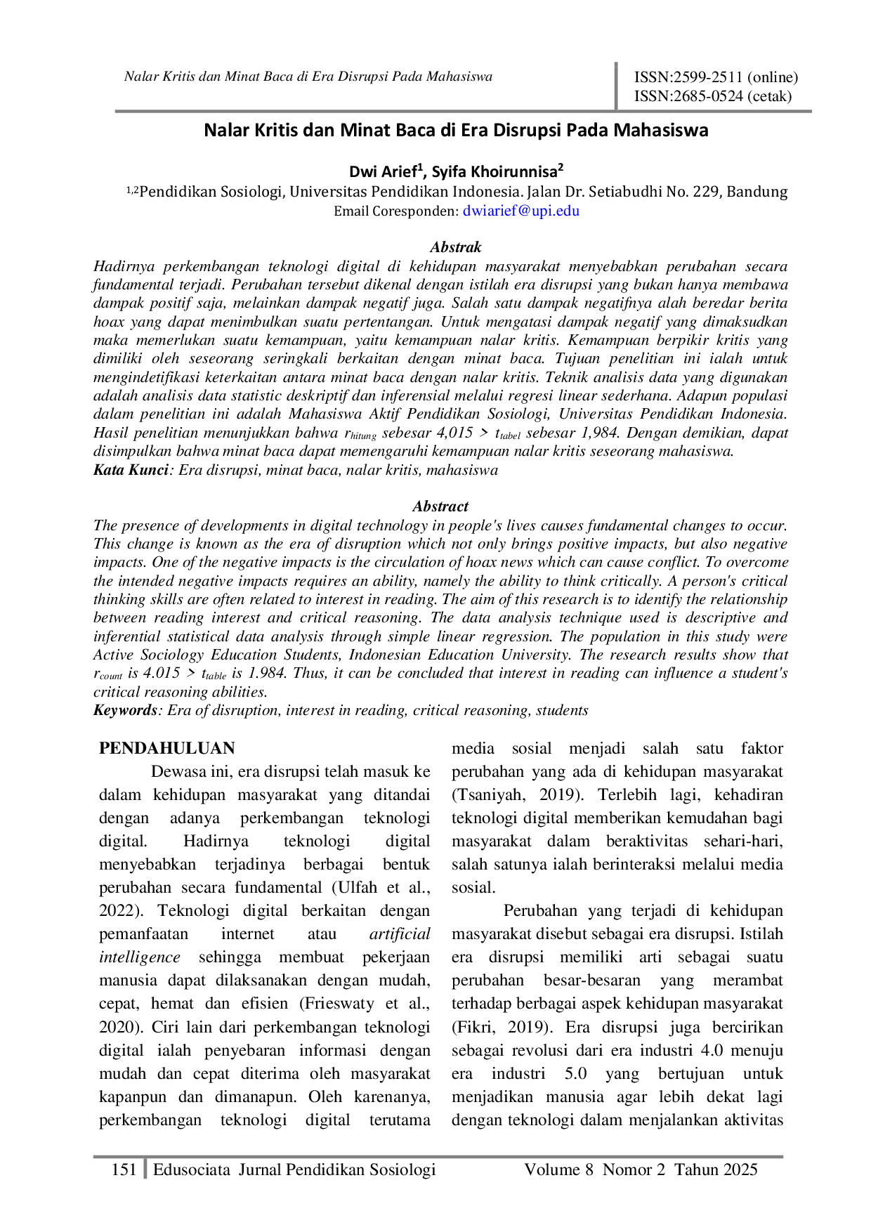 JURIS Nalar Kritis dan Minat Baca di Era Disrupsi Pada Mahasiswa