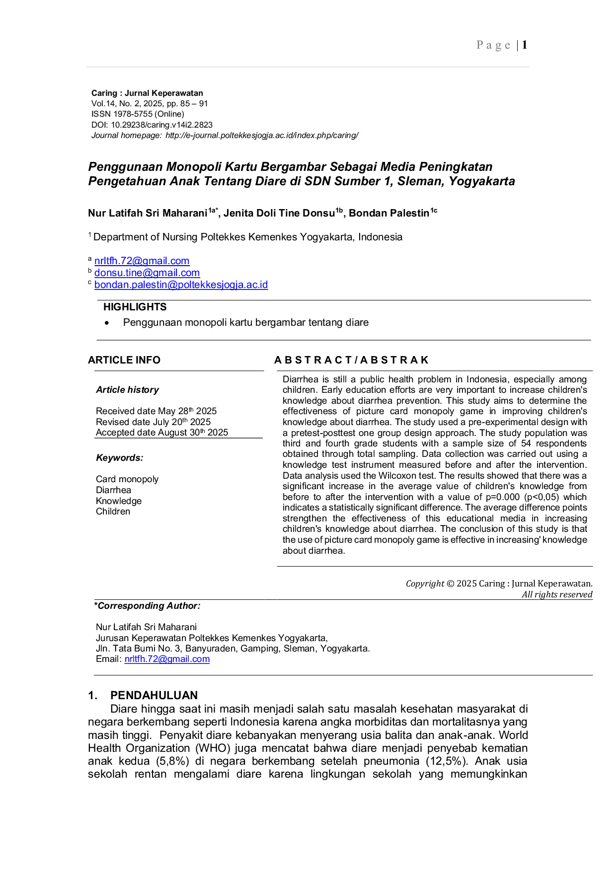 JURIS Penggunaan Monopoli Kartu Bergambar Sebagai Media Peningkatan Pengetahuan Anak Tentang Diare di SDN Sumber 1 Sleman Yogyakarta