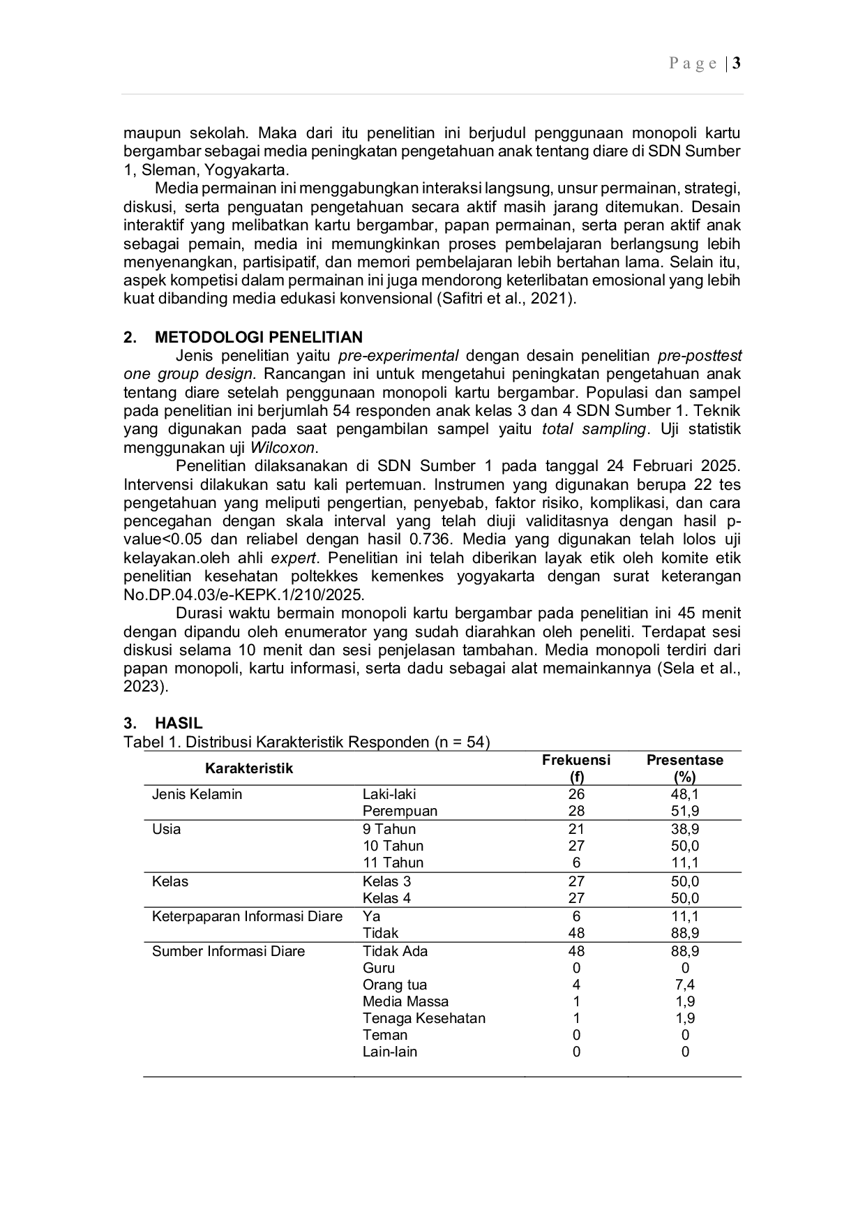 JURIS Penggunaan Monopoli Kartu Bergambar Sebagai Media Peningkatan Pengetahuan Anak Tentang Diare di SDN Sumber 1 Sleman Yogyakarta