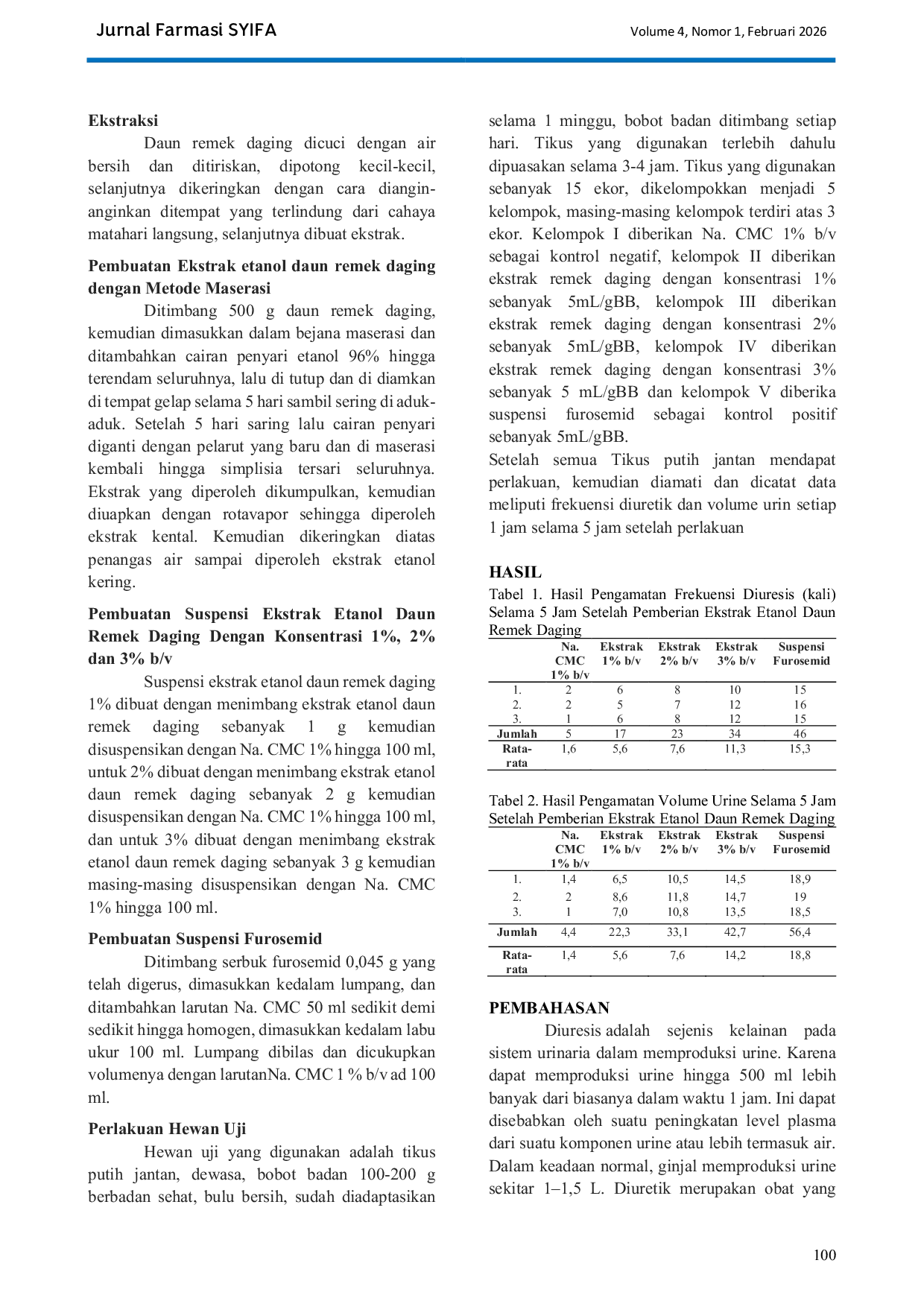 JURIS Uji Efek Diuretik Ekstrak Daun Remek Daging Hemigraphis Colorata Hall F Terhadap Hewan Uji Tikus Putih Rattus Novergicus