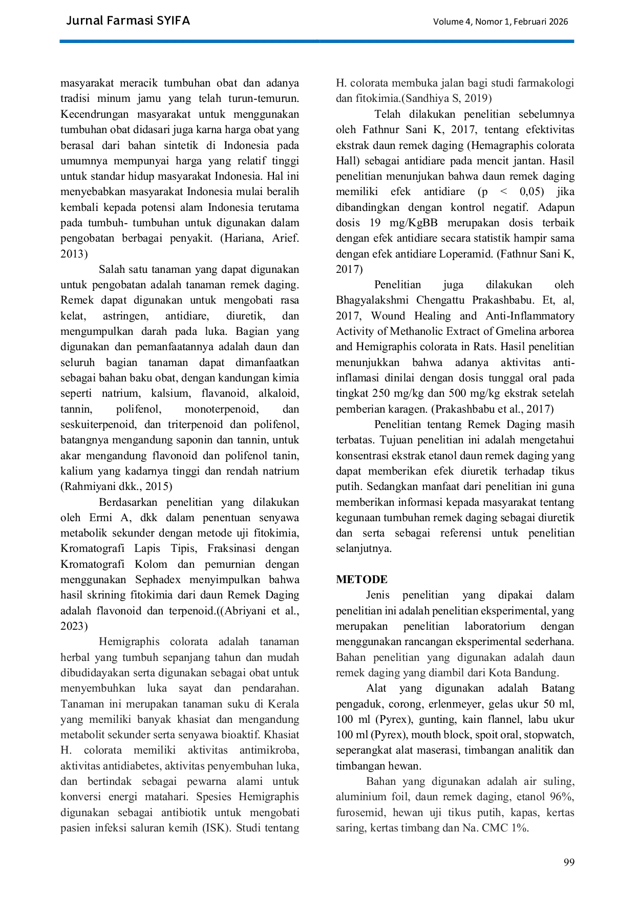 JURIS Uji Efek Diuretik Ekstrak Daun Remek Daging Hemigraphis Colorata Hall F Terhadap Hewan Uji Tikus Putih Rattus Novergicus