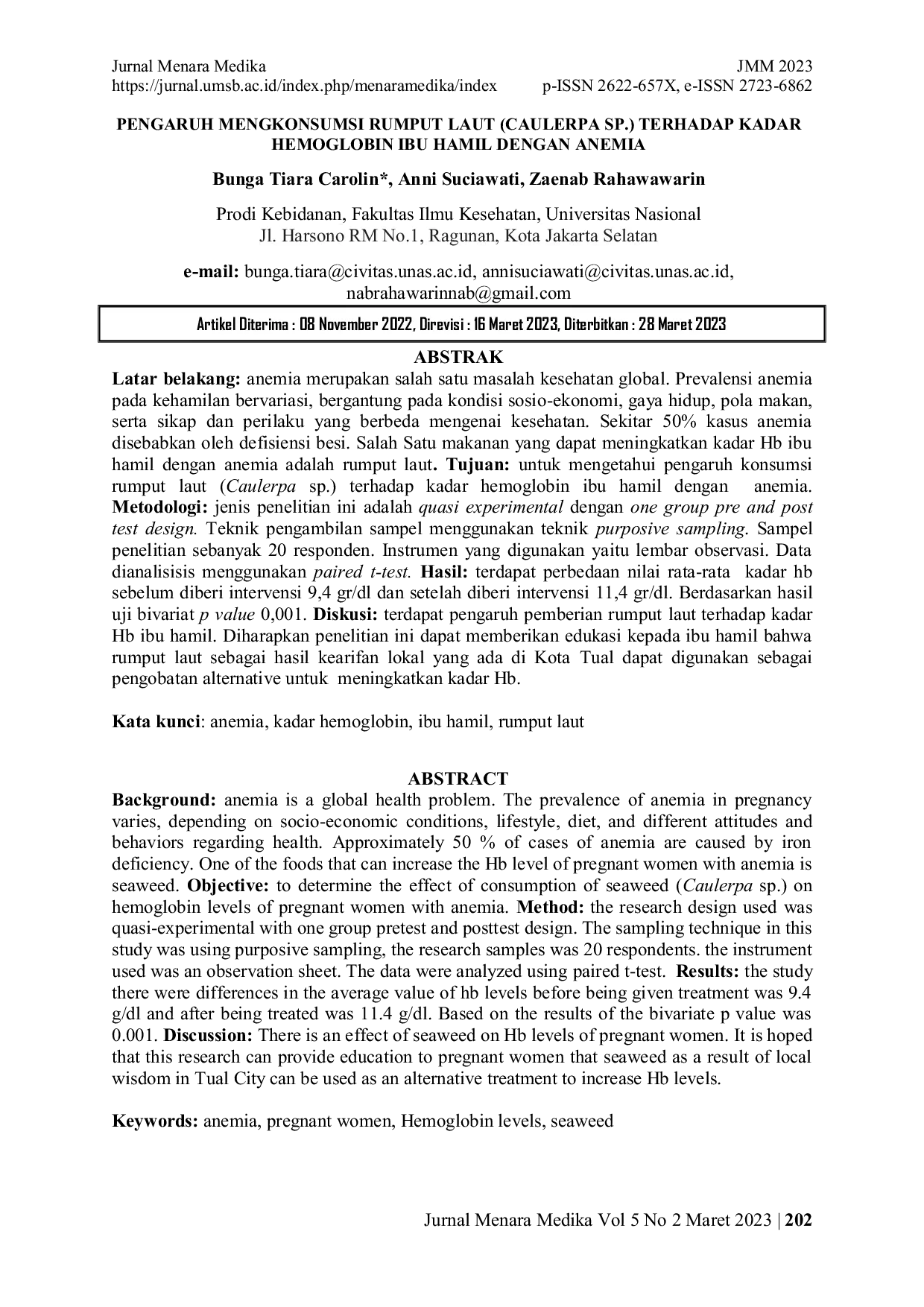 JURIS Pengaruh Mengkonsumsi Rumput Laut Caulerpa Sp Terhadap Kadar Hemoglobin Ibu Hamil Dengan Anemia