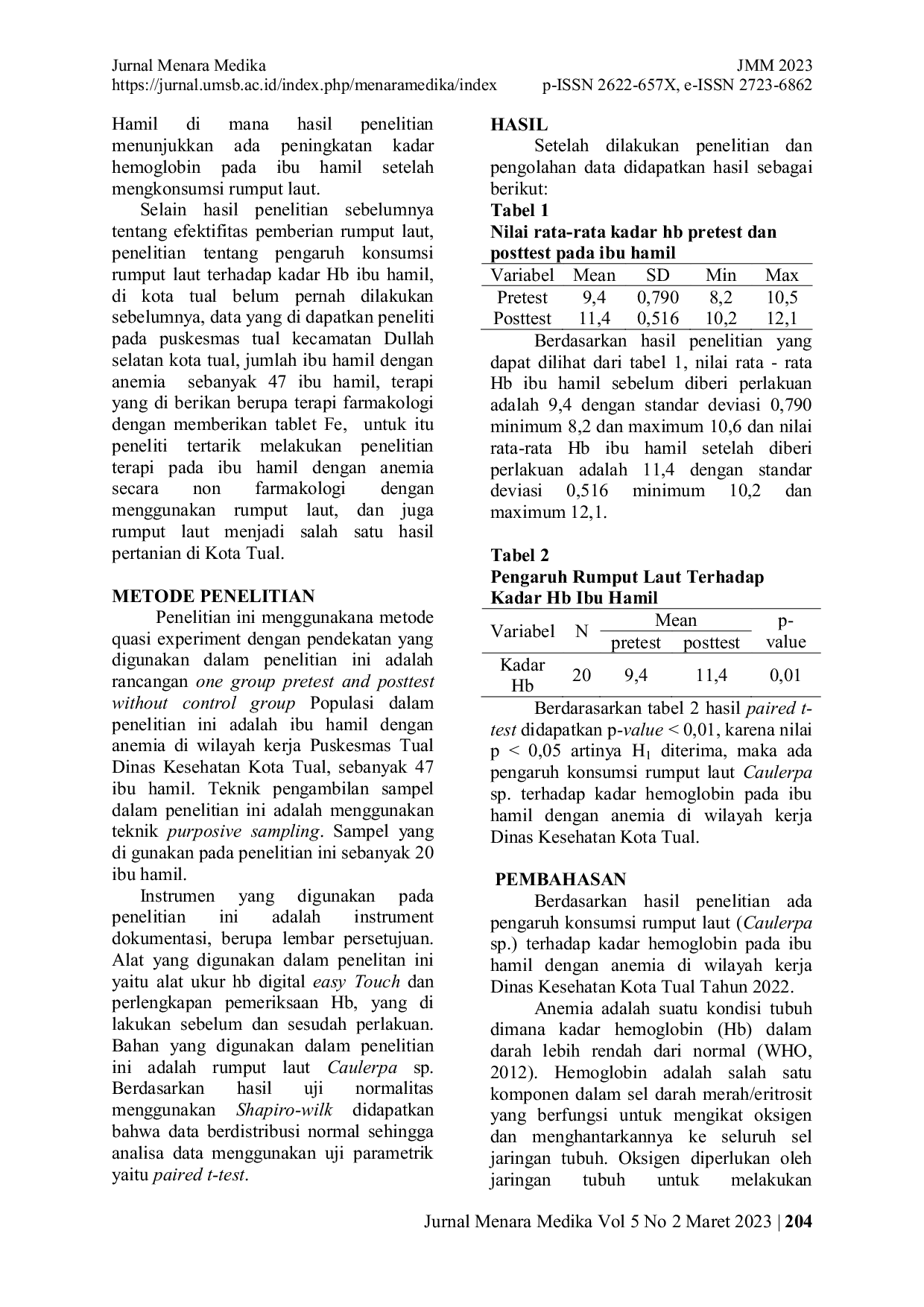 JURIS Pengaruh Mengkonsumsi Rumput Laut Caulerpa Sp Terhadap Kadar Hemoglobin Ibu Hamil Dengan Anemia