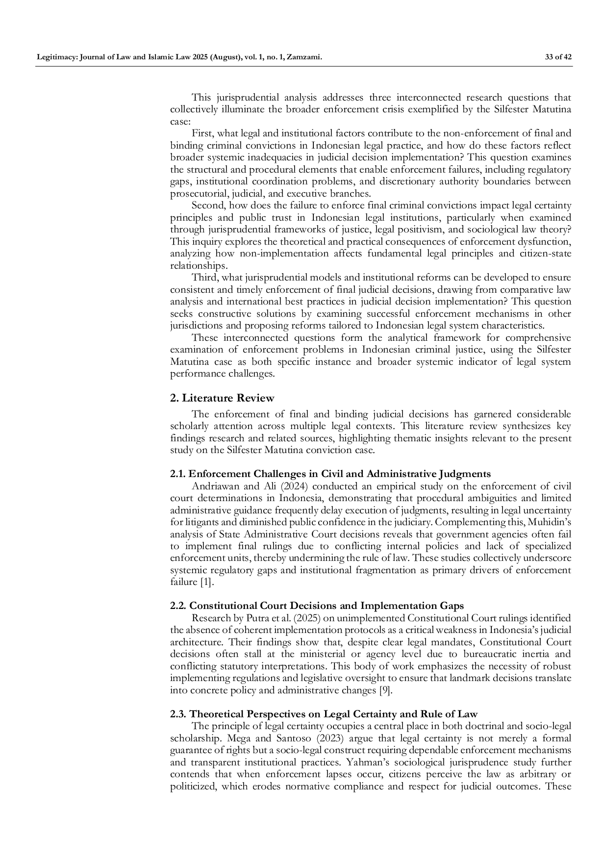 JURIS Legal Problems in the Enforcement of Final and Binding Judicial Decisions A Jurisprudential Analysis of the Silfester Matutina Conviction Case from an Indonesian Law Enforcement Perspective