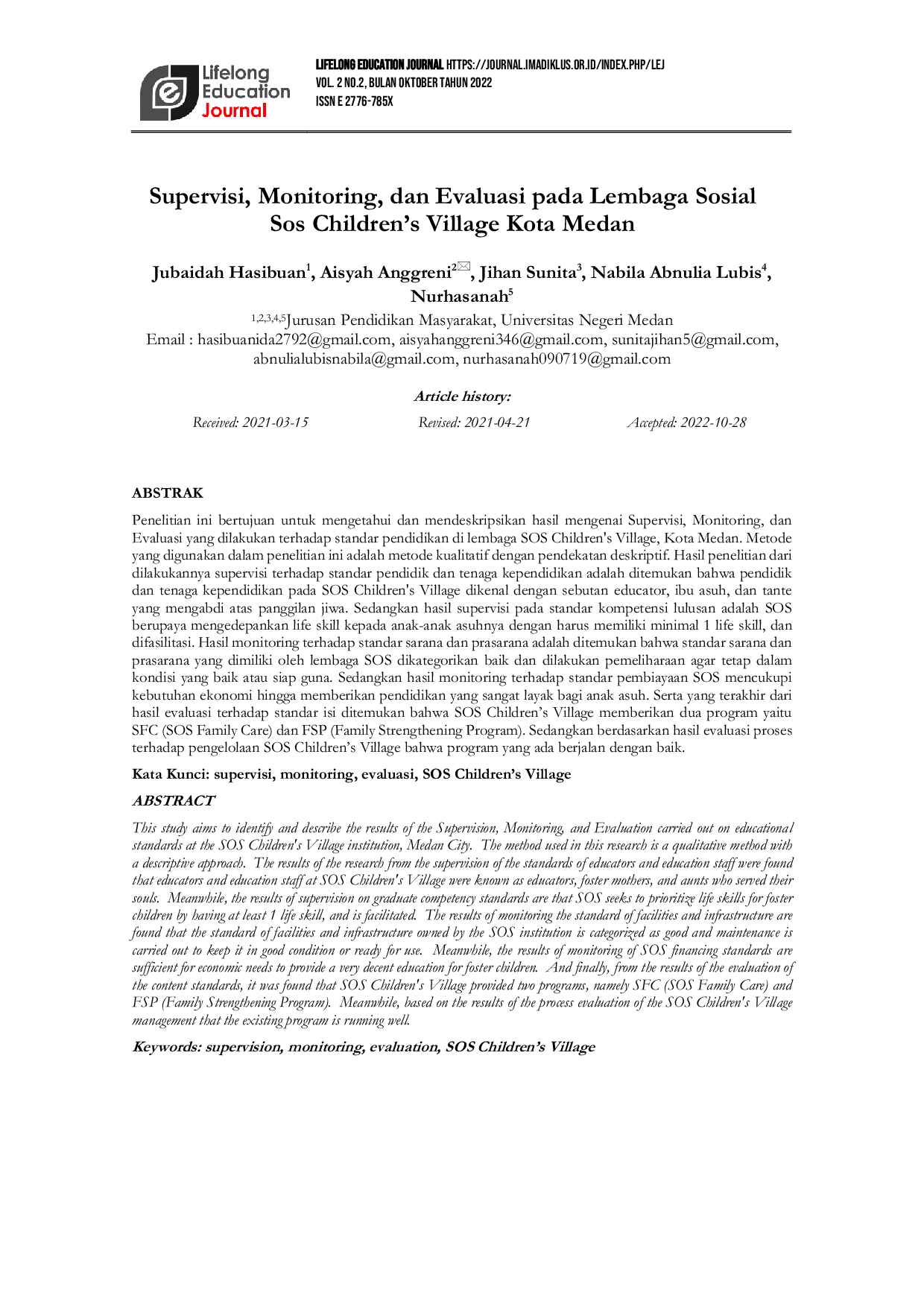 JURIS Supervisi Monitoring dan Evaluasi Pada Lembaga Sosial SOS Children s Village Kota Medan
