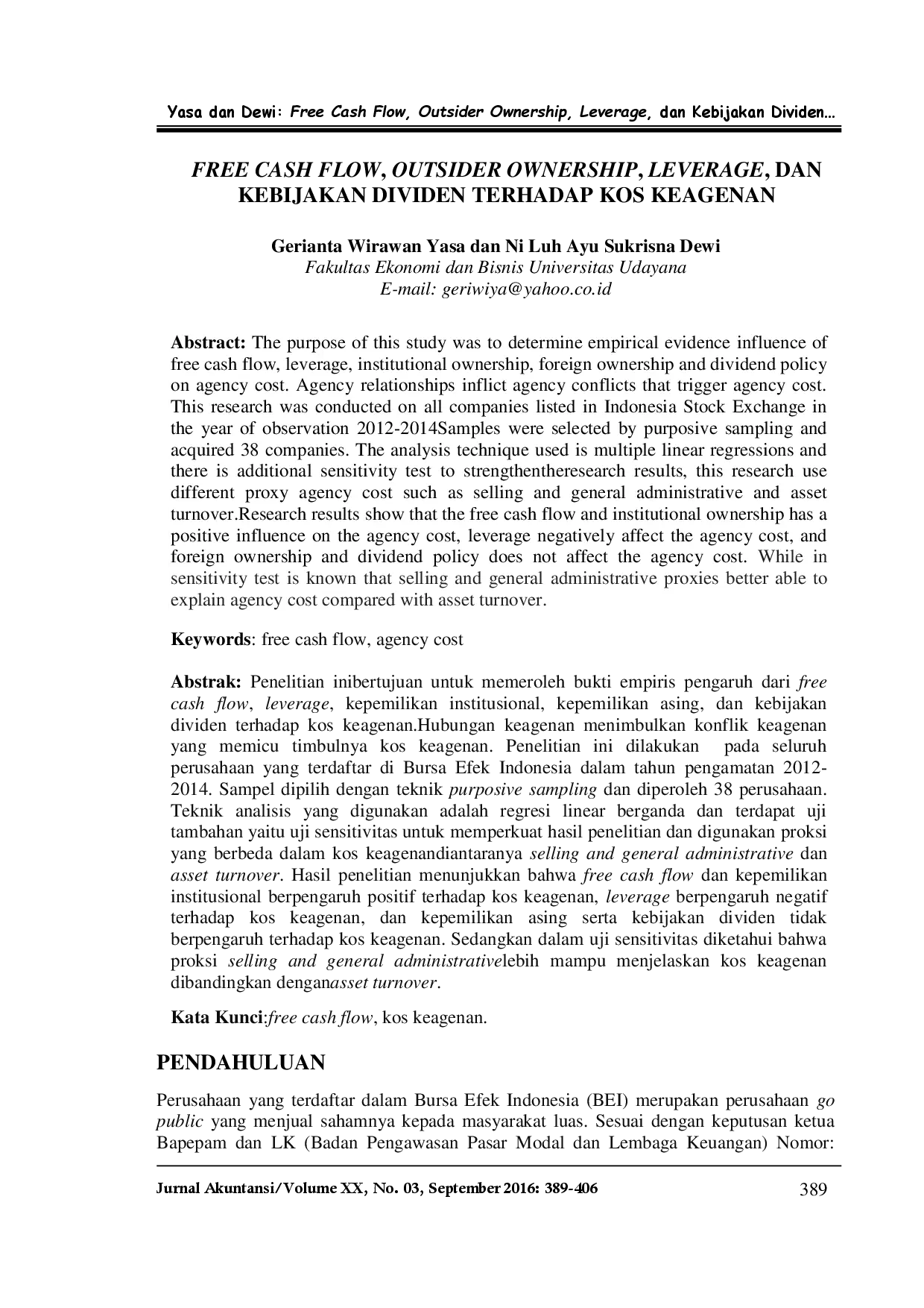 juris Free Cash Flow Outsider Ownership Leverage Dan Kebijakan Dividen Terhadap Kos Keagenan