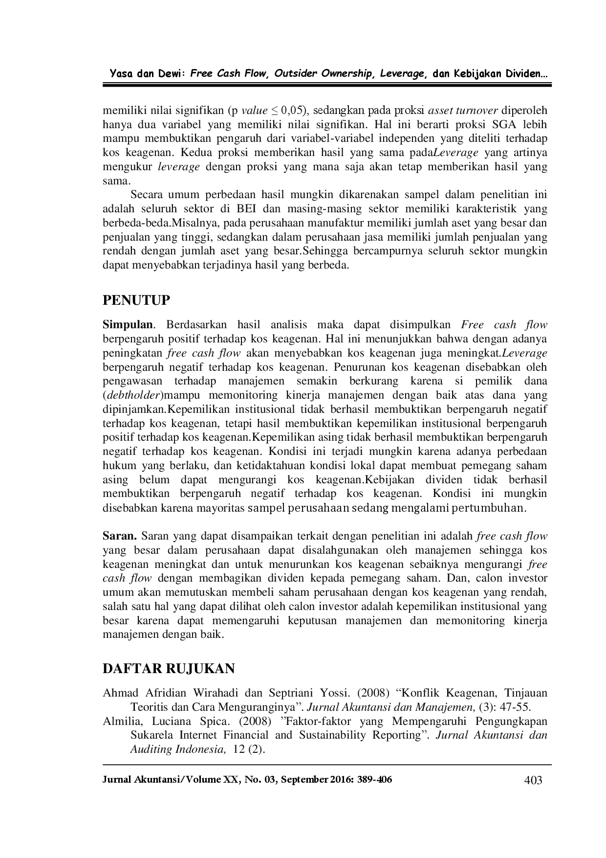 juris Free Cash Flow Outsider Ownership Leverage Dan Kebijakan Dividen Terhadap Kos Keagenan
