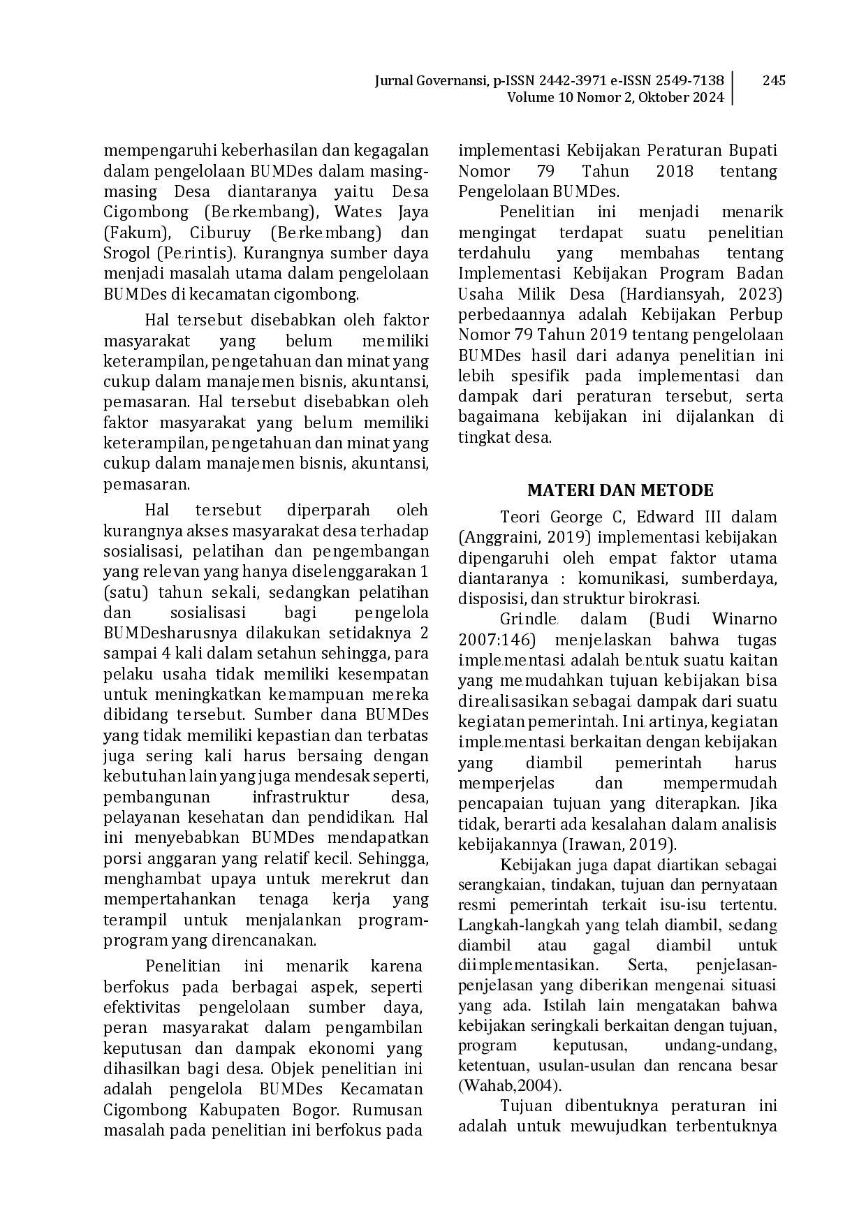 juris Implementasi Kebijakan Peraturan Bupati Nomor 79 Tahun 2018 tentang Pengelolaan Badan Usaha Milik Desa