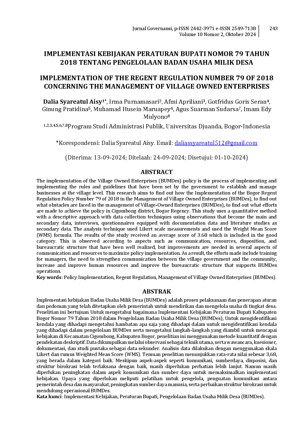 juris Implementasi Kebijakan Peraturan Bupati Nomor 79 Tahun 2018 tentang Pengelolaan Badan Usaha Milik Desa