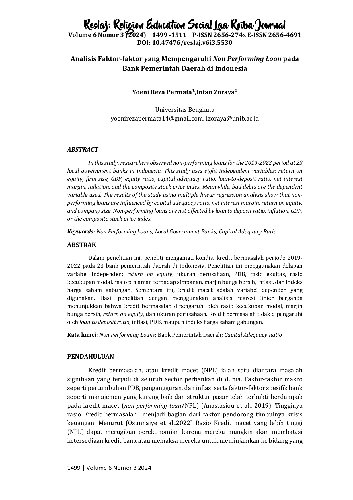 JURIS Analisis Faktor Faktor yang Mempengaruhi Non Performing Loan pada Bank Pemerintah Daerah di Indonesia