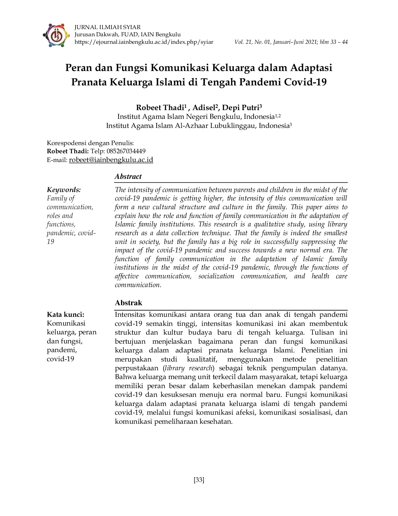 JURIS Peran dan Fungsi Komunikasi Keluarga dalam Adaptasi Pranata Keluarga Islami di Tengah Pandemi Covid 19