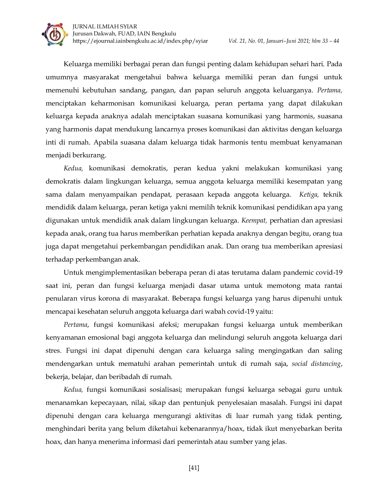 JURIS Peran dan Fungsi Komunikasi Keluarga dalam Adaptasi Pranata Keluarga Islami di Tengah Pandemi Covid 19