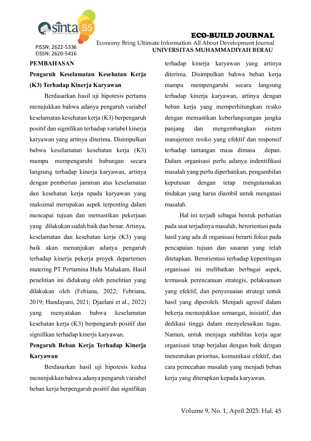 JURIS Sinergi Implementasi K3 ISO 45001 2018 Dan Beban Kerja Pengaruhnya Terhadap Output Kinerja Karyawan